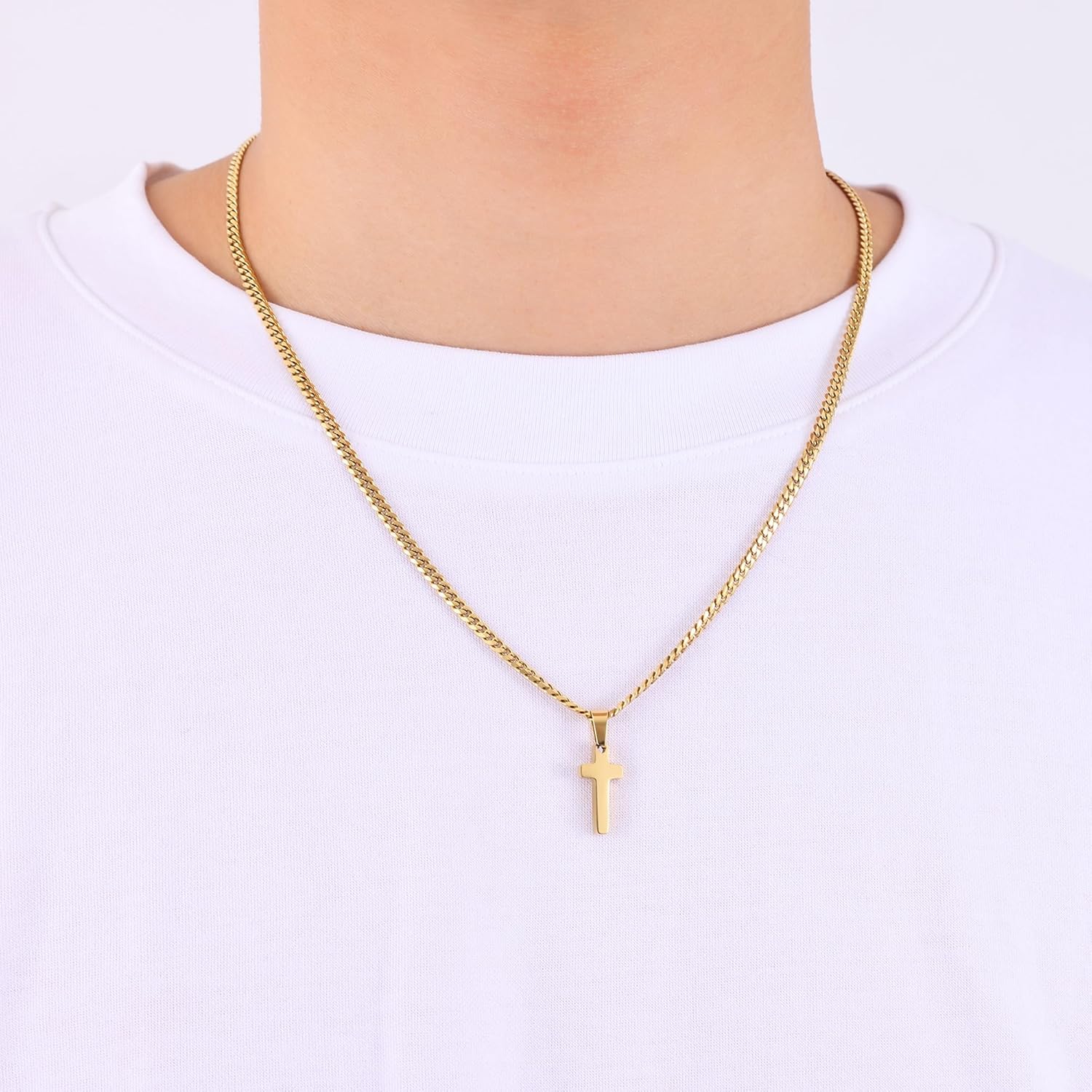 Fiusem Cross Necklace for Men, Silver Tone/Black/14K Gold Plated Mens Cross Necklaces with 3.5mm Chain and Stainless Pendant, Cuban Chain 16-24 Inches - Image 3