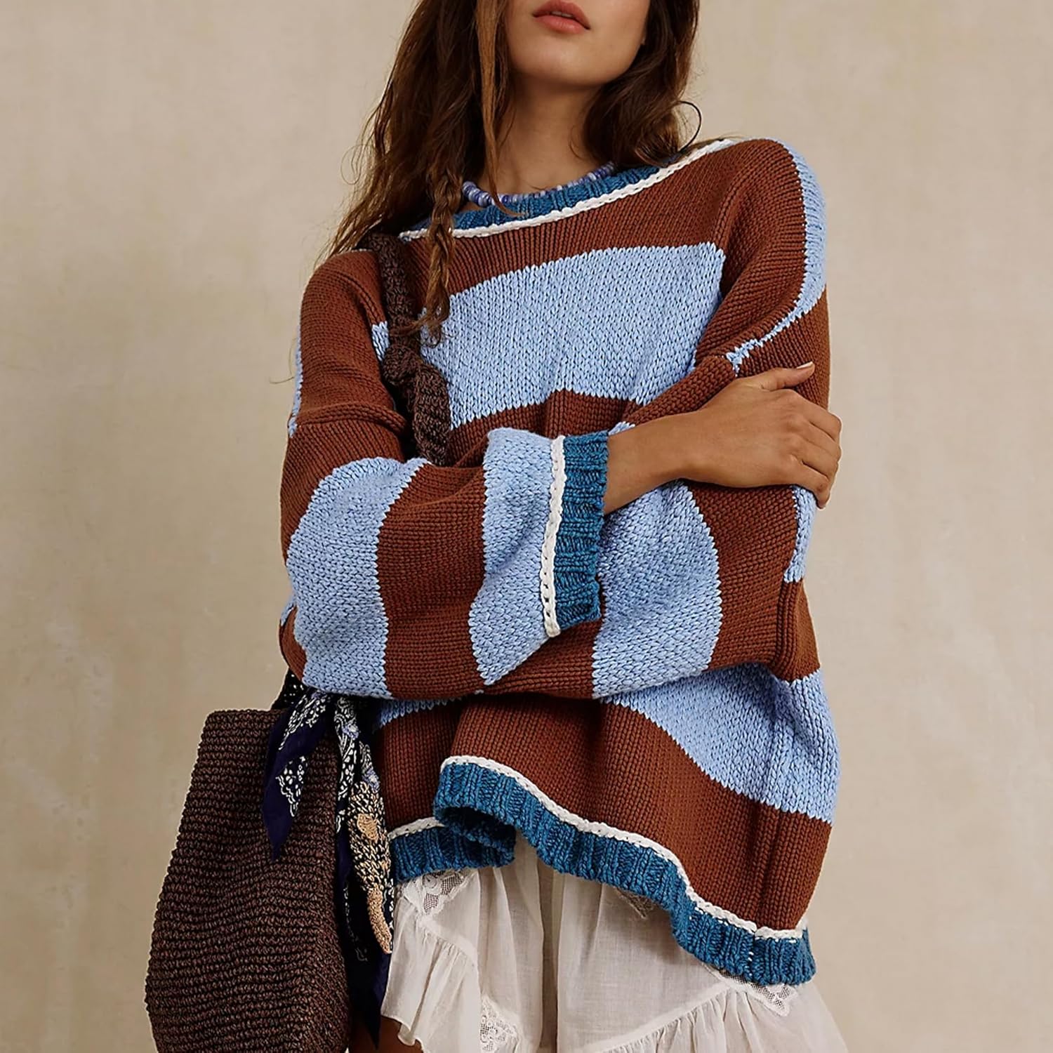 Songling Women Tops Casual Color Block Striped Long Sleeve Cute Outfits Knit Summer Fashion Clothing Pullover Sweaters