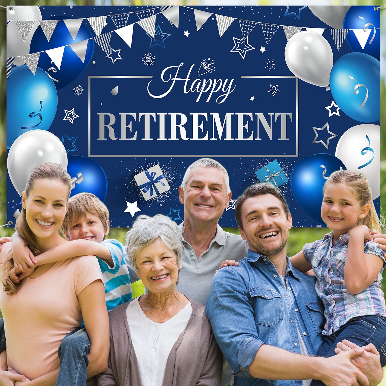 Blulu Happy Retirement Party Decorations, Extra Large Fabric Happy Retirement Sign Banner Photo Booth Backdrop Background with Rope for Retirement Party Favor (Blue and Silver, 72.8 x 43.3 Inches)
