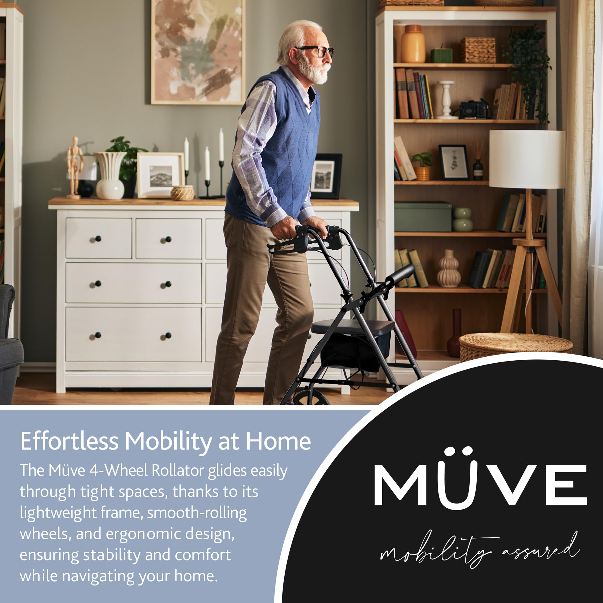 Muve Andador Con Asiento Para Personas Mayores y Discapacitadas - 4 Ruedas Estables, Andador para Exterior e Interior, Frenos de Seguridad, Plegable, Soporte de Movilidad Asistida