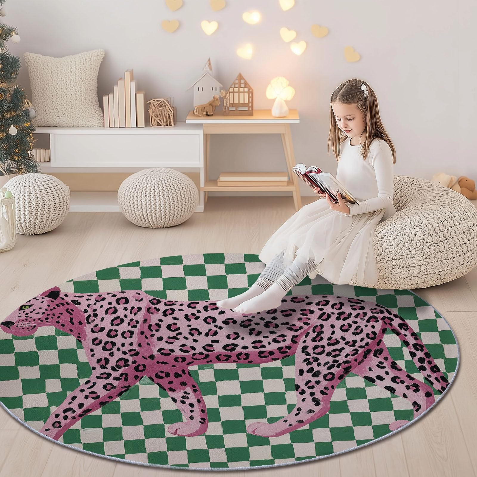 Runder Teppich 150 cm (Round) für drinnen und draußen Pop-Art-Gepardenmuster rutschfest, fusselfrei, Teppich für Küche, Veranda, Foyer Rosa