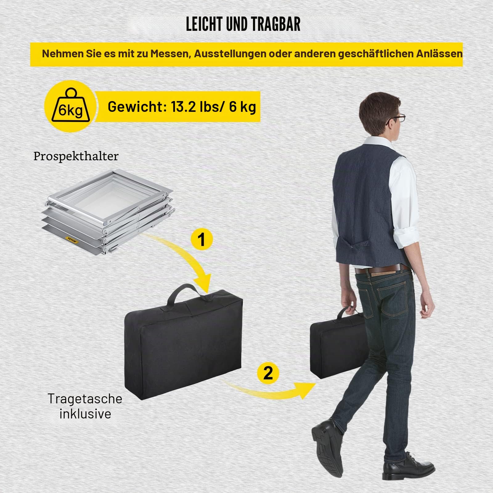 VEVOR Literaturständer, 6 Taschen, Pop-Up-Aluminium-Magazinständer, Leichter Kataloghalter, Ständer mit Tragetasche für Wohnzimmer, Hotel, Messe, Ausstellung, Büro, silber