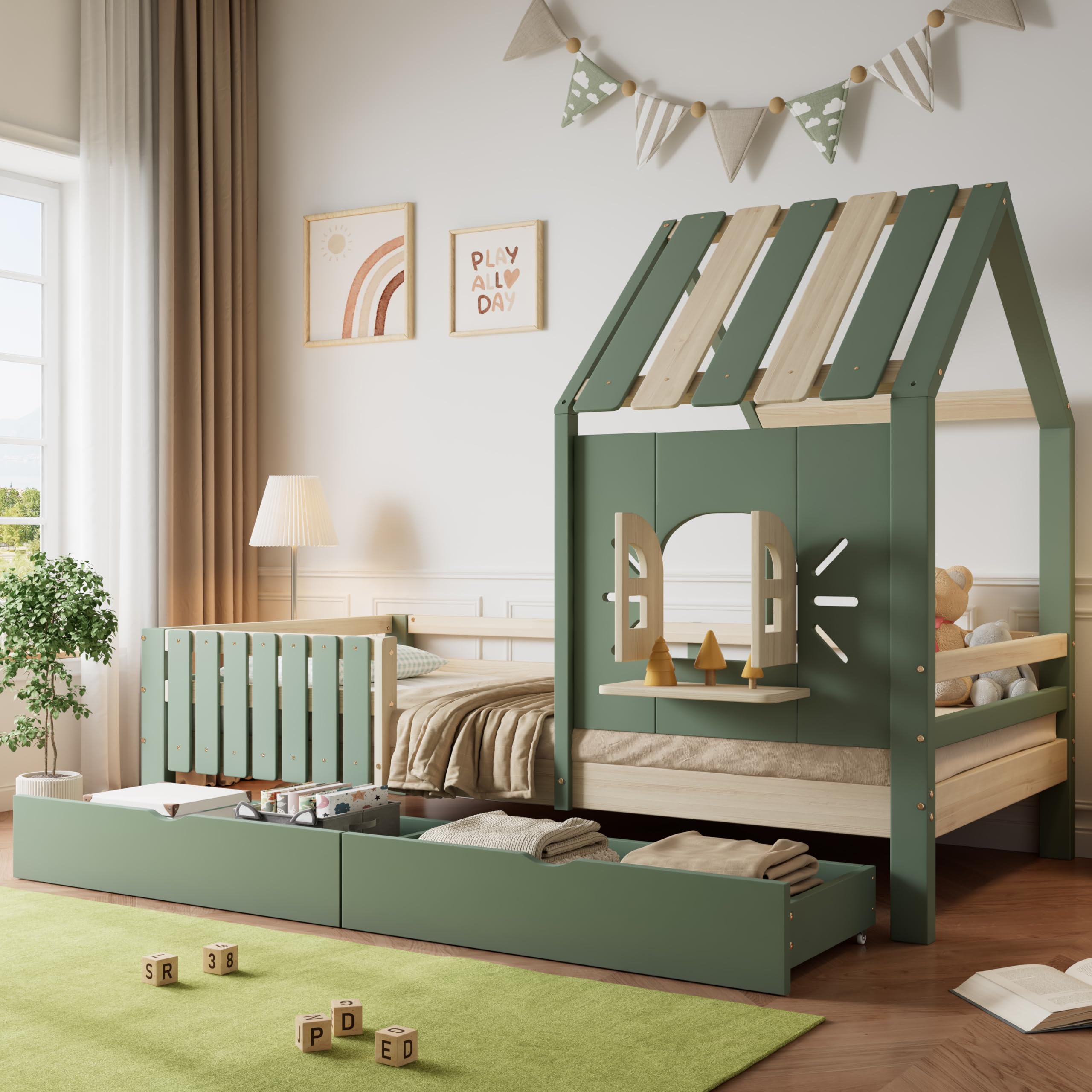 Kinderbett 90x200 cm, Holzbett mit 2 Schubladen, Hausbett mit Dach und Fenster, Bettgestell mit Lattenrost, für Mädchen Jungen, Grün, ohne Matratze