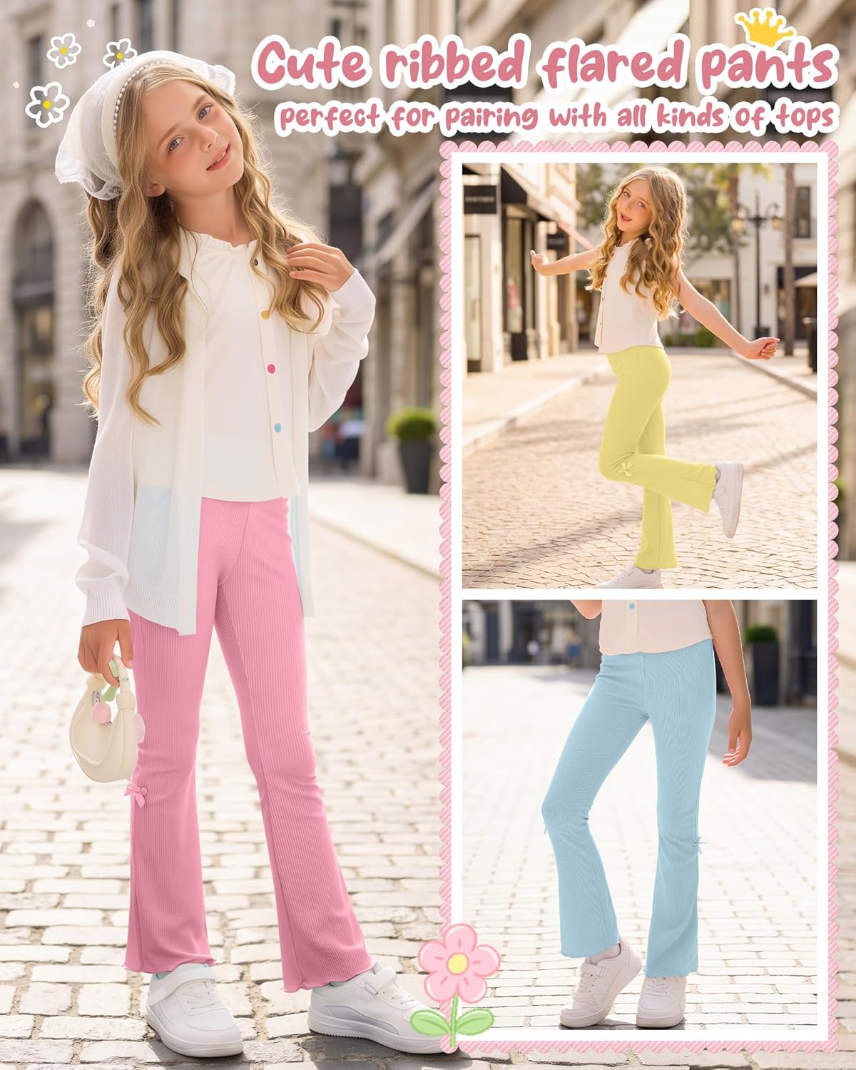 3 Pack Girls Flare Leggings Ribbed Ruffle Kids Flare Pants with Bow High Waisted Slim Teen Trendy Cute Bell Bottoms