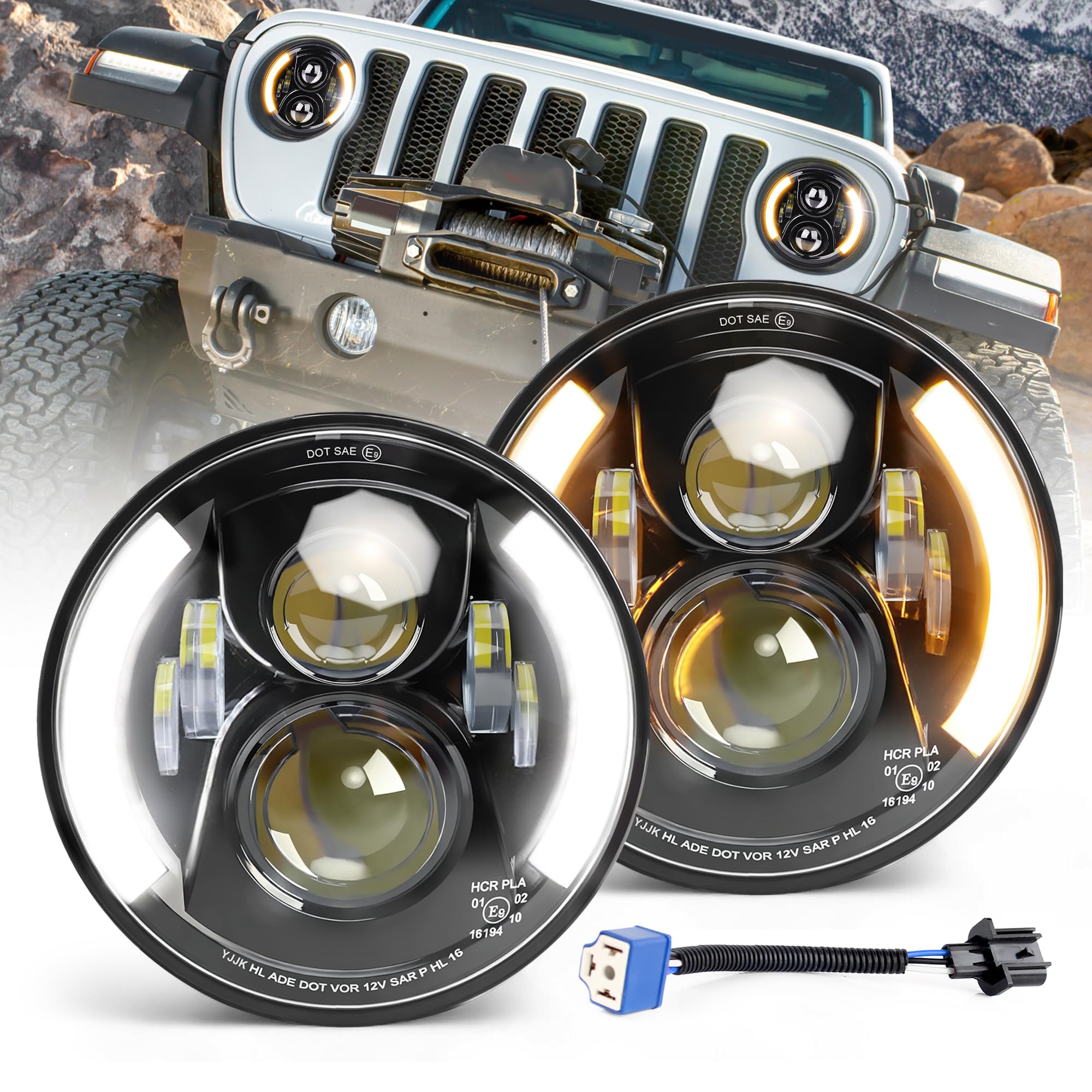 CO LIGHT Phare LED Rond 7 Pouces Projecteur Hi Lo Homologué E-MARK DRL Blanc Clignotant Ambre Compatible H6024 Adapté pour Wrangler JK TJ CJ LJ Miata MX5 Century 2PCS