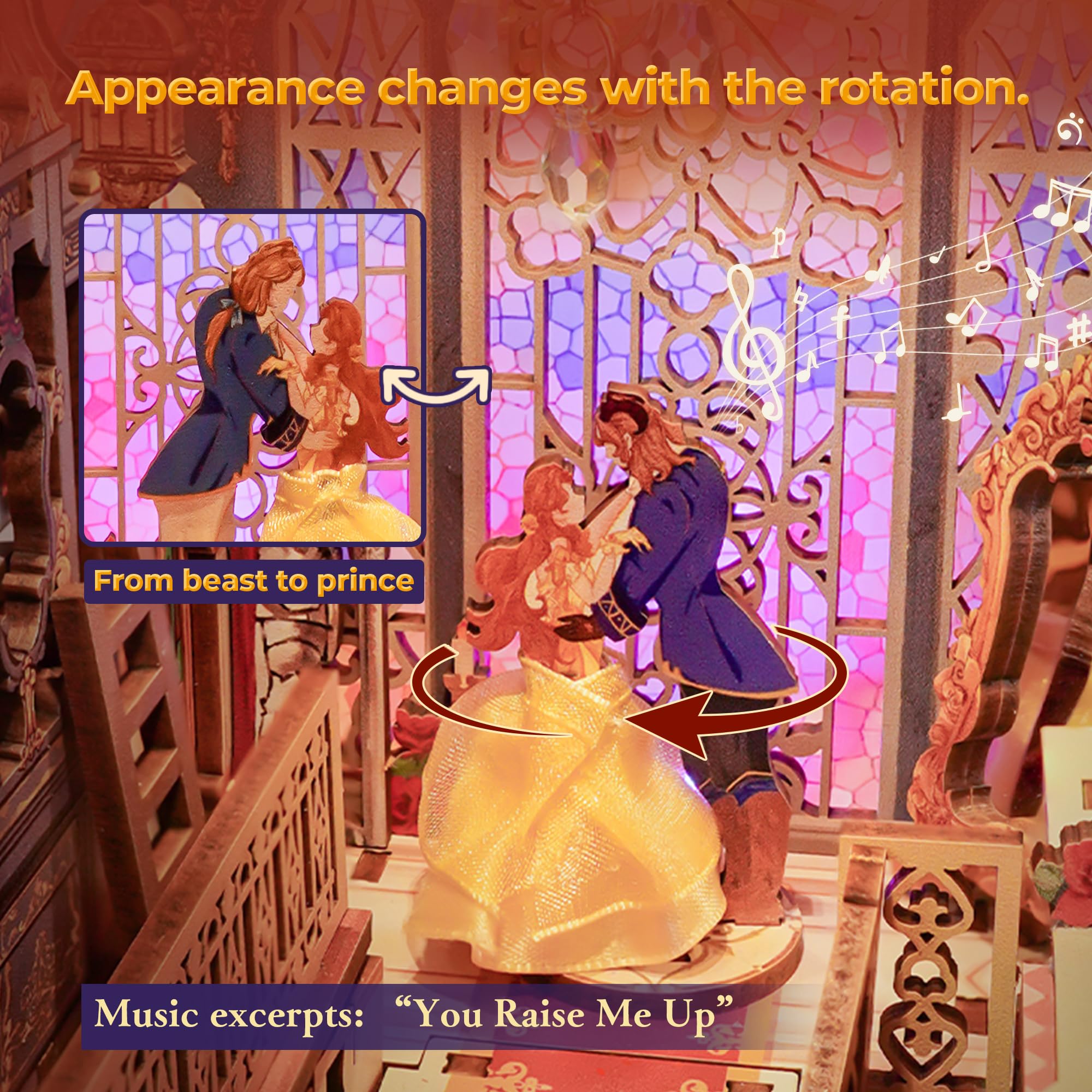 Tonecheer DIY Book Nook Kit for Adults, 3D Wooden Puzzle Music Booknook Miniature Dollhouse, Fairy Tale Bookend Bookshelf Decor with Dust Cover and LED Lights Gifts (Beast? and Beauty)