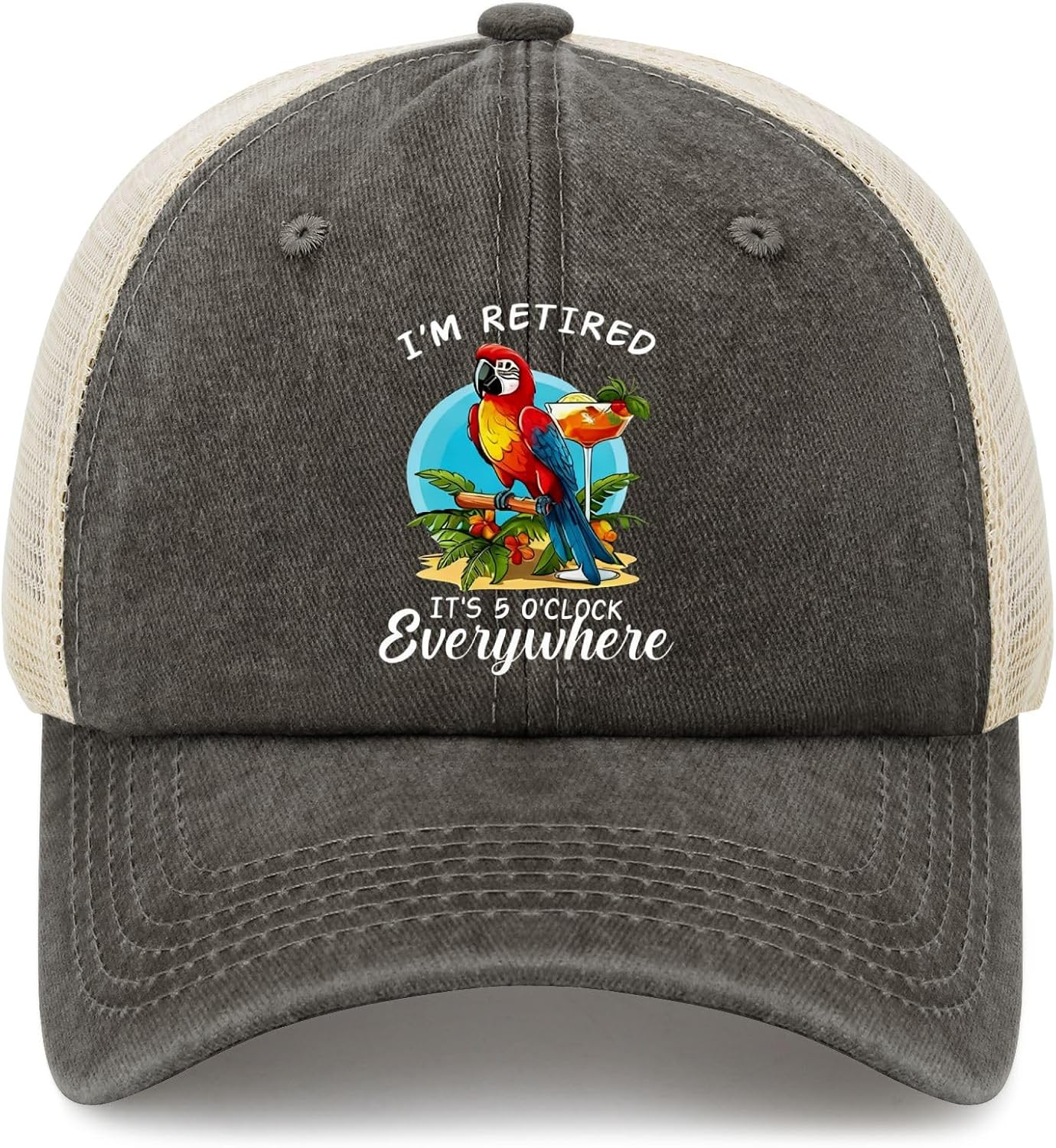 Retirement Baseball Cap, Navy Blue Cotton, Parrot and Cocktail Design, 5 O'Clock Everywhere, Adjustable Casual Hat