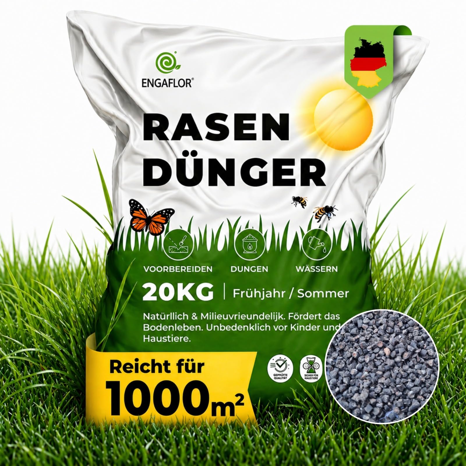 Rasendünger Frühjahr/Sommer | mineralisch-organischer Langzeitdünger | geruchsneutral | für dichten, grünen Rasen | schnelle Wirkung & nachhaltige Bodenpflege (20 KG bis 1000 m²)