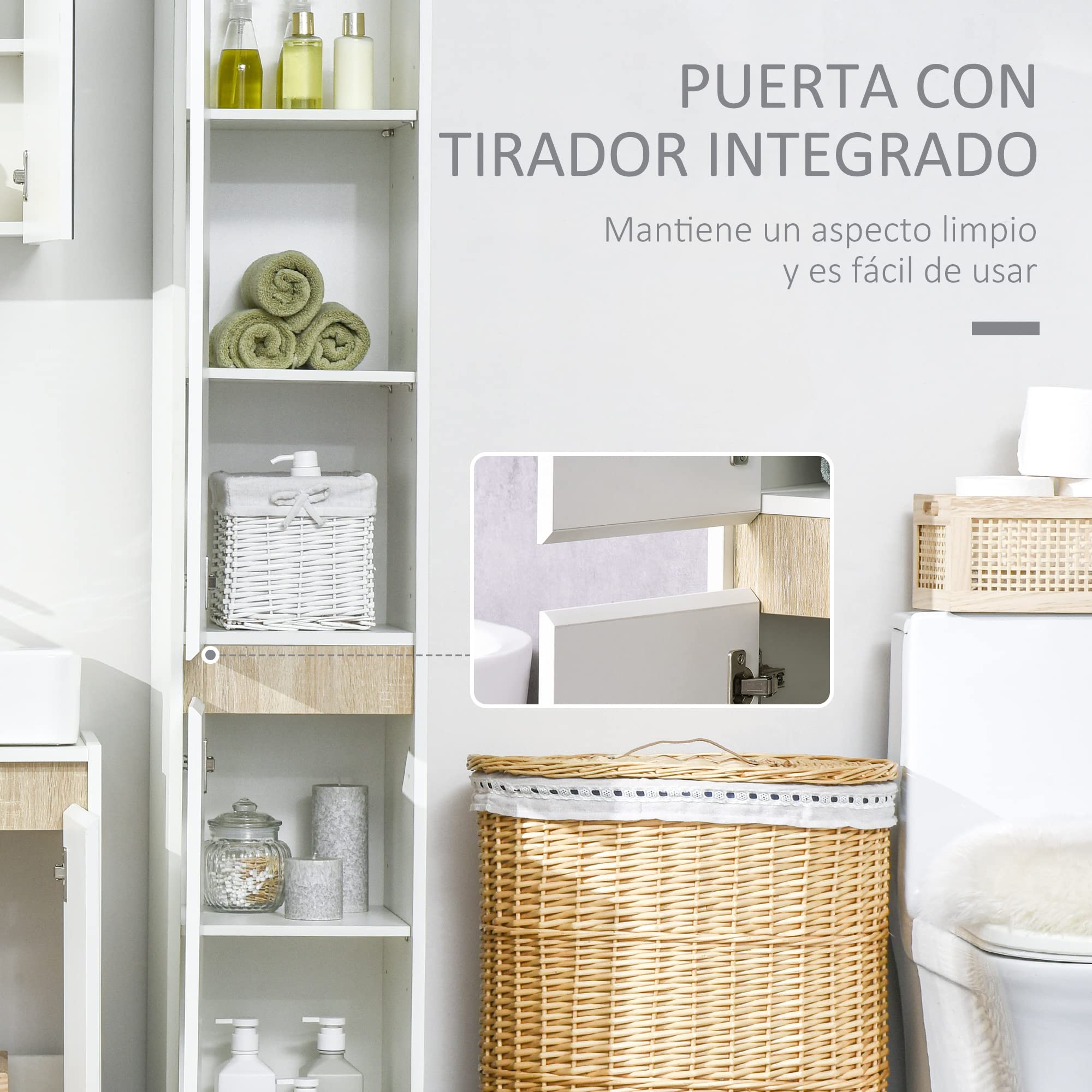 kleankin Armario Alto de Baño Estantes Ajustables 30x33x165 cm Blanco | Columna Auxiliar de Baño, 5 Niveles, Armario Multiusos, para Ducha Aseo Dormitorio