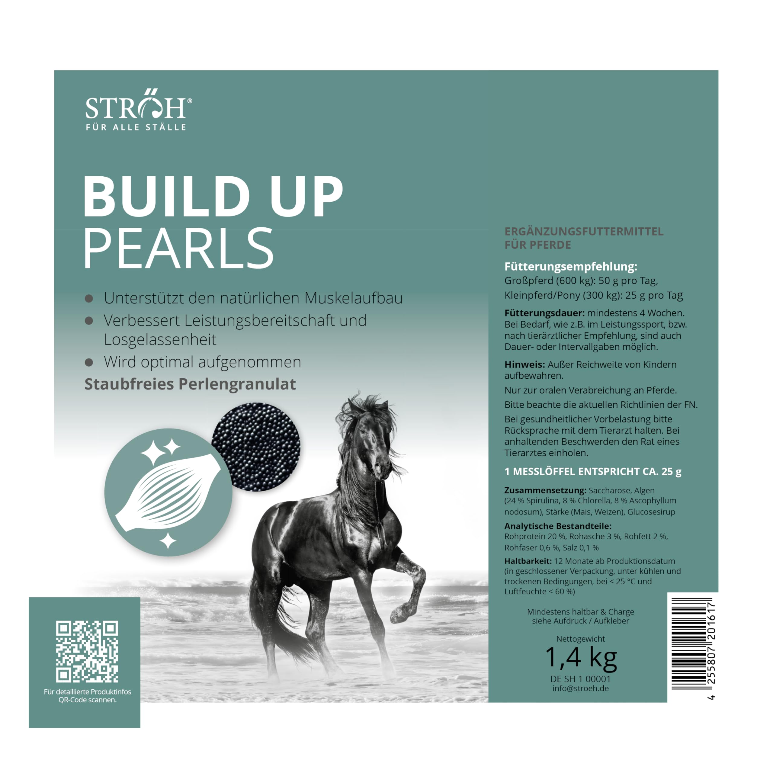 STRÖH Build Up Pearls für Pferde (1,4 kg Feedbox Dose) • Für Muskelaufbau & Kondition • Aminosäuren-Komplex mit Vitaminen • Unterstützt Regeneration & Leistung • Für Sport- & Freizeitpferde