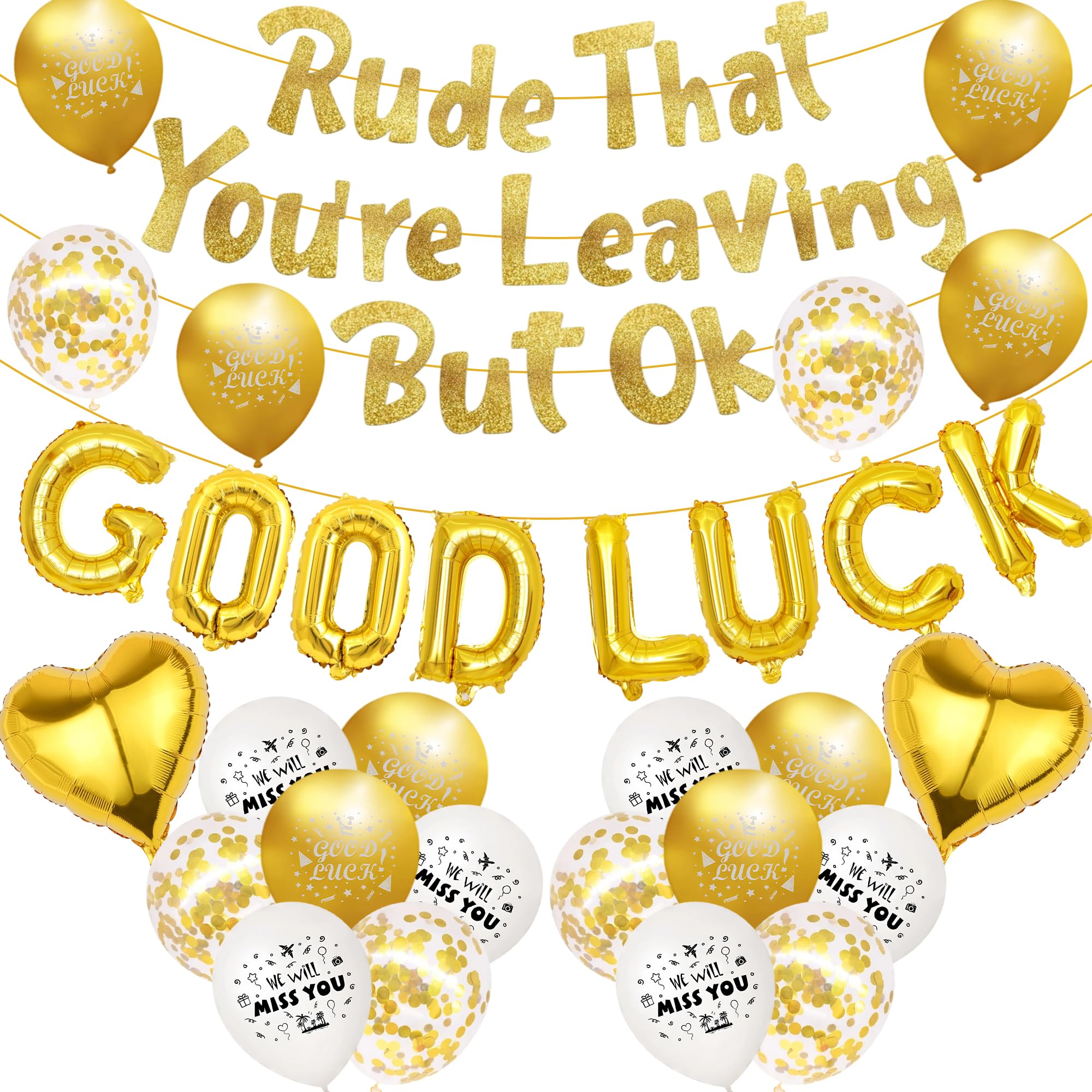 Leaving Party Decorations Balloons Banner - 31 Pcs Rude That You're Leaving But Ok Gold Glitter Banner You Good Luck Foil Balloon for Retirement Graduation Office Work Going Away Themed Party