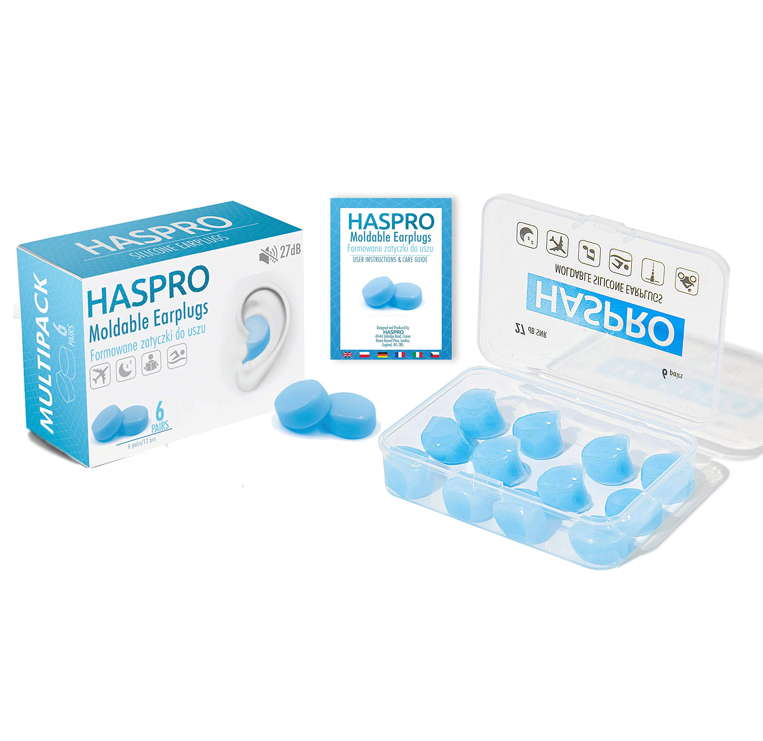 HASPRO [6-Pair Pack] Soft Silicone Earplugs for Sleeping, Swimming & Bathing, Anti-Snoring, Noise Cancelling Reusable Earplugs. Adults & Children (Blue)