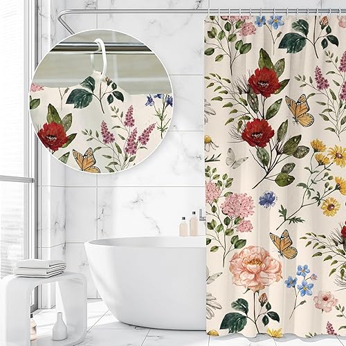 Miniatura 5 de AnyDesign Cortina de ducha de flores silvestres de 72 x 72 pulgadas, cortina de ducha de tela de mariposa retro con 12 ganchos, cortina de baño