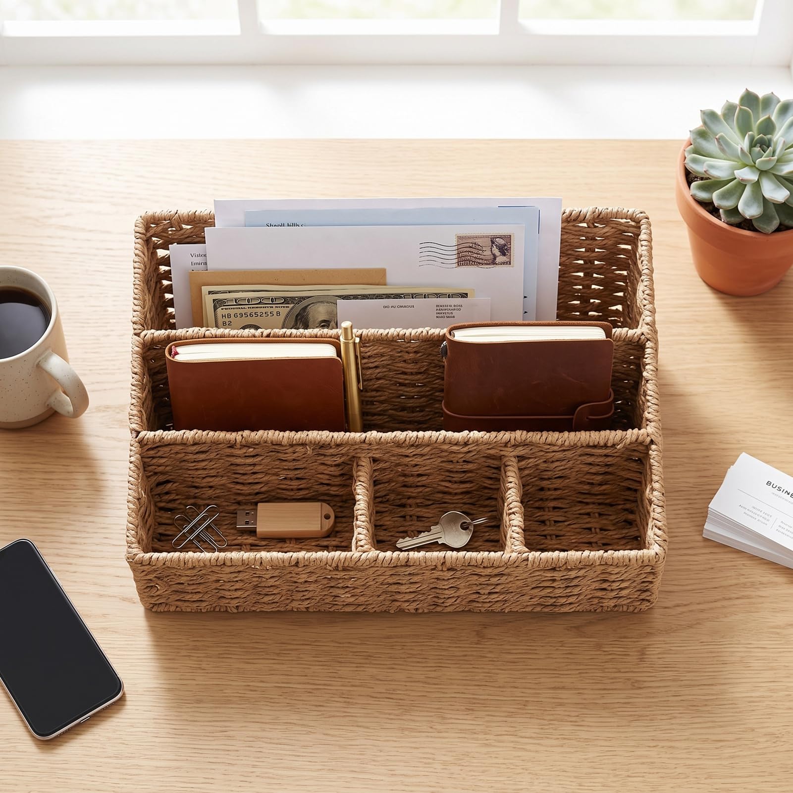 Cryfokt Organizer da Scrivania in Tessuto 2 Pezzi, Scomparti Multipli, 33x18x16 Cm (Abbronzatura leggera)