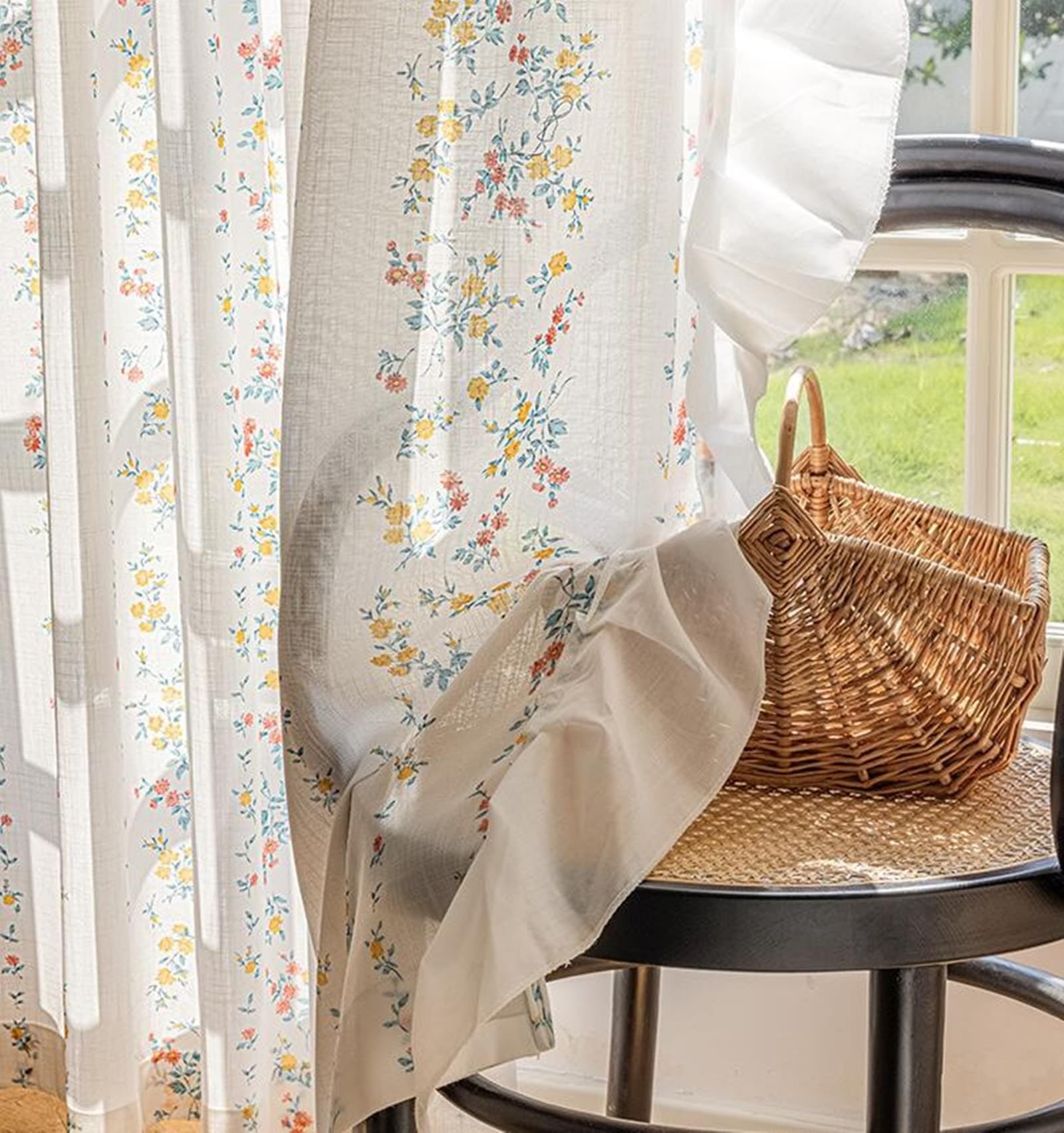 Epinki Voilage Chambre Fleur Imprimé avec Volants Coloré en Polyester 107 x 147 cm Lot de 2 Rideaux Salon à Oeillets
