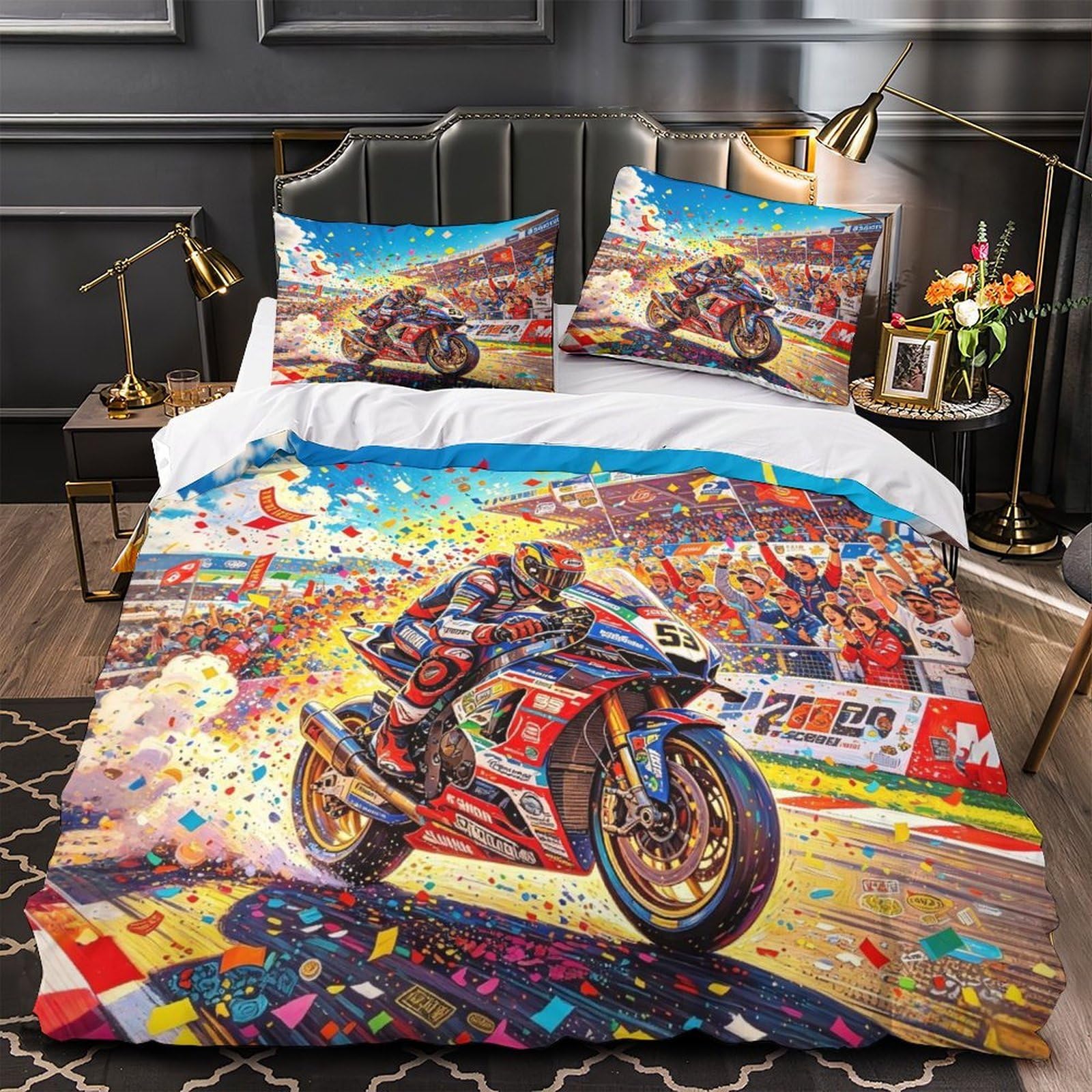DAFUfbw Championship Moment Theme Bedding Set Single（140x200cm）, Motorcycle Race Duvet Cover Set with Pillowcases, 3D Championship Moment Quilt Cover Soft Microfiber