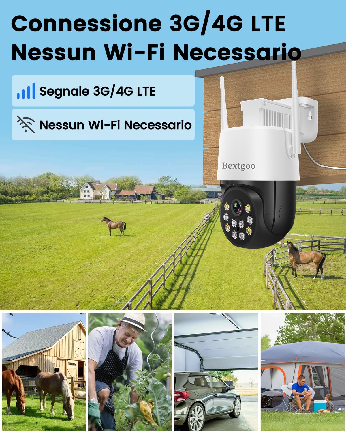 Bextgoo Telecamera con SIM 4G da Esterno, Monitoraggio Continuo 24/7 | 4MP Telecamera Senza WiFi, 360° Tracciamento Automatico, Rilevamento del Movimento AI, Visione Notturna Colori, IP66