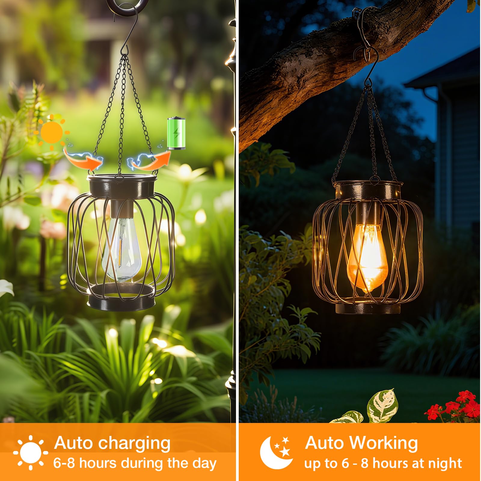 Solarlaternen für den Außenbereich, 4 Stück, Metall Solar Hängelaternen mit Haken – Outdoor-Hängelaterne Lichter wasserdicht, helle warme Laterne Dekor für den Außenbereich, Garten, Hof, Terrasse, Weg