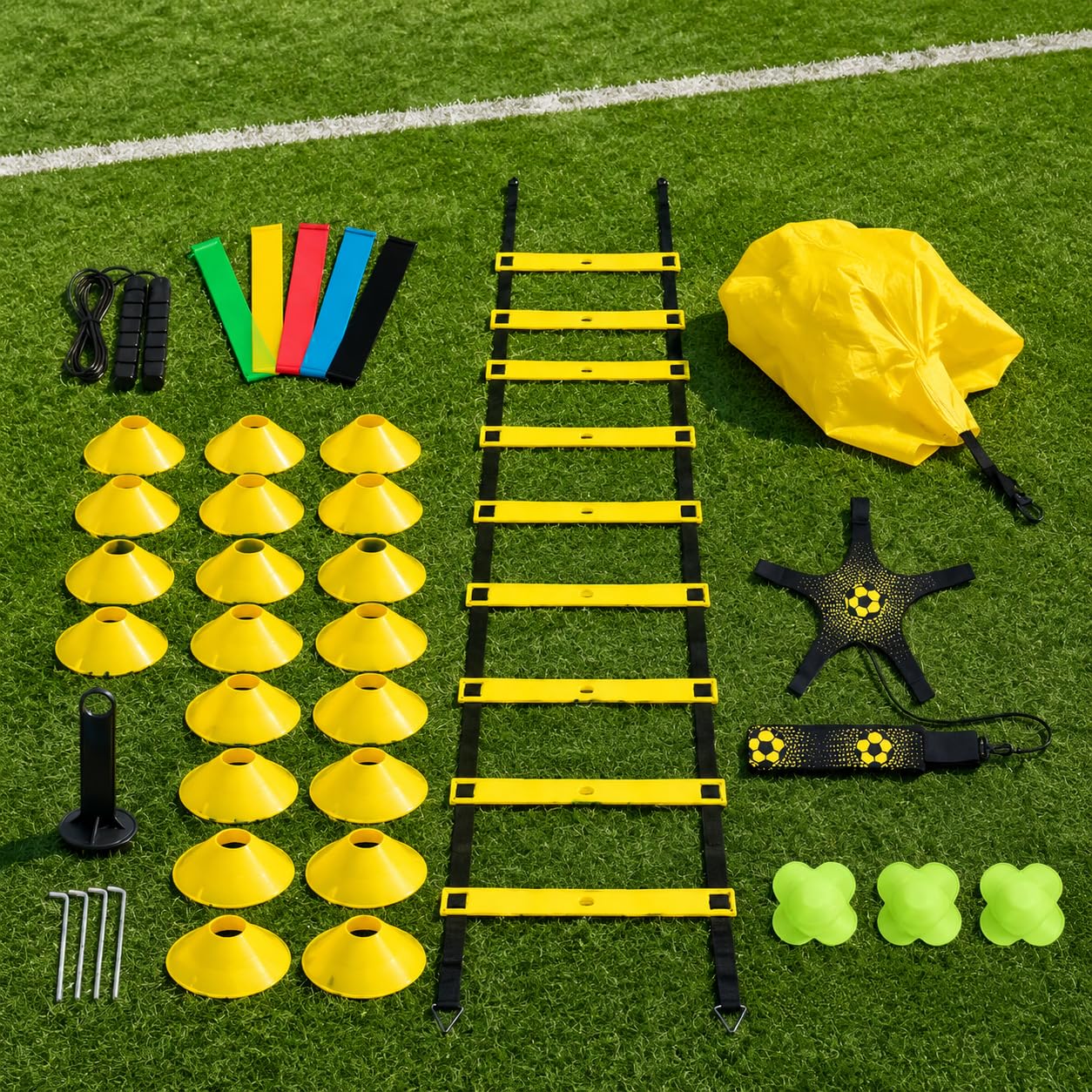 Kit Completo Allenamento Coordinazione Ostacoli Altezza Regolabile Paracadute Resistenza Cintura Lombare Cinesini Piatti Segnaposto Tondi