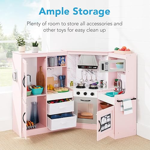 Miniatura 6 de Best Choice Products Cocina de esquina de juego de simulación, juego de juguetes de madera interactivo para niños con luces y sonidos, máquina de