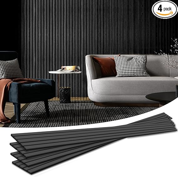 Art3d 4-Piece Wood Slat Acoustic Panels for Stylish Decor and Noise Reduction, 3D Textured Panel for Ceiling and Wall, Matte Black