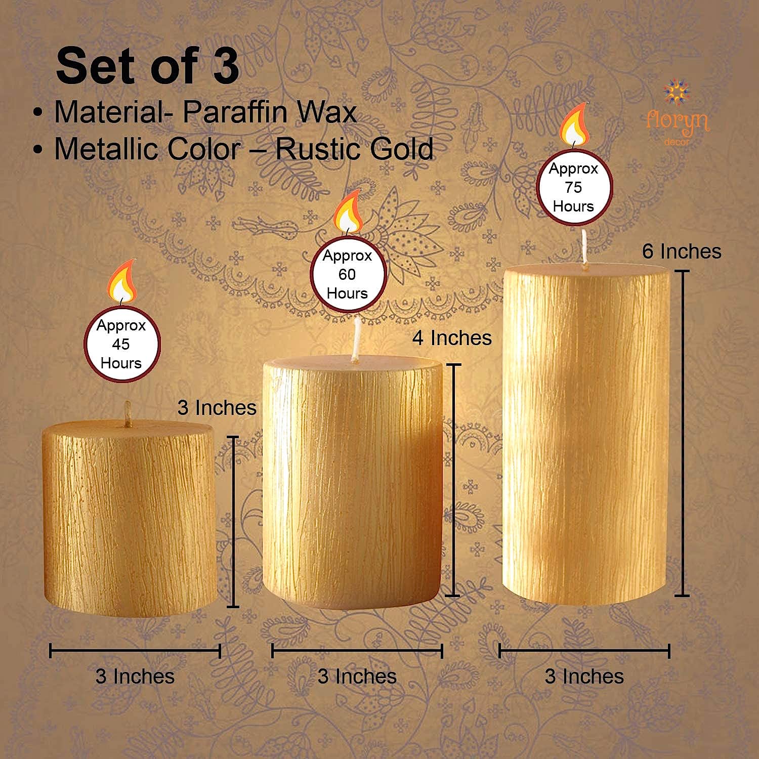 Floryn Decor Set of 3 Metallic Pillar Candles Decoration Dinner Wedding Party Candles Perfect Candles for Home Decor - Church-Spa, Restaurant | Smokeless & Dripless (Gold), Unscented