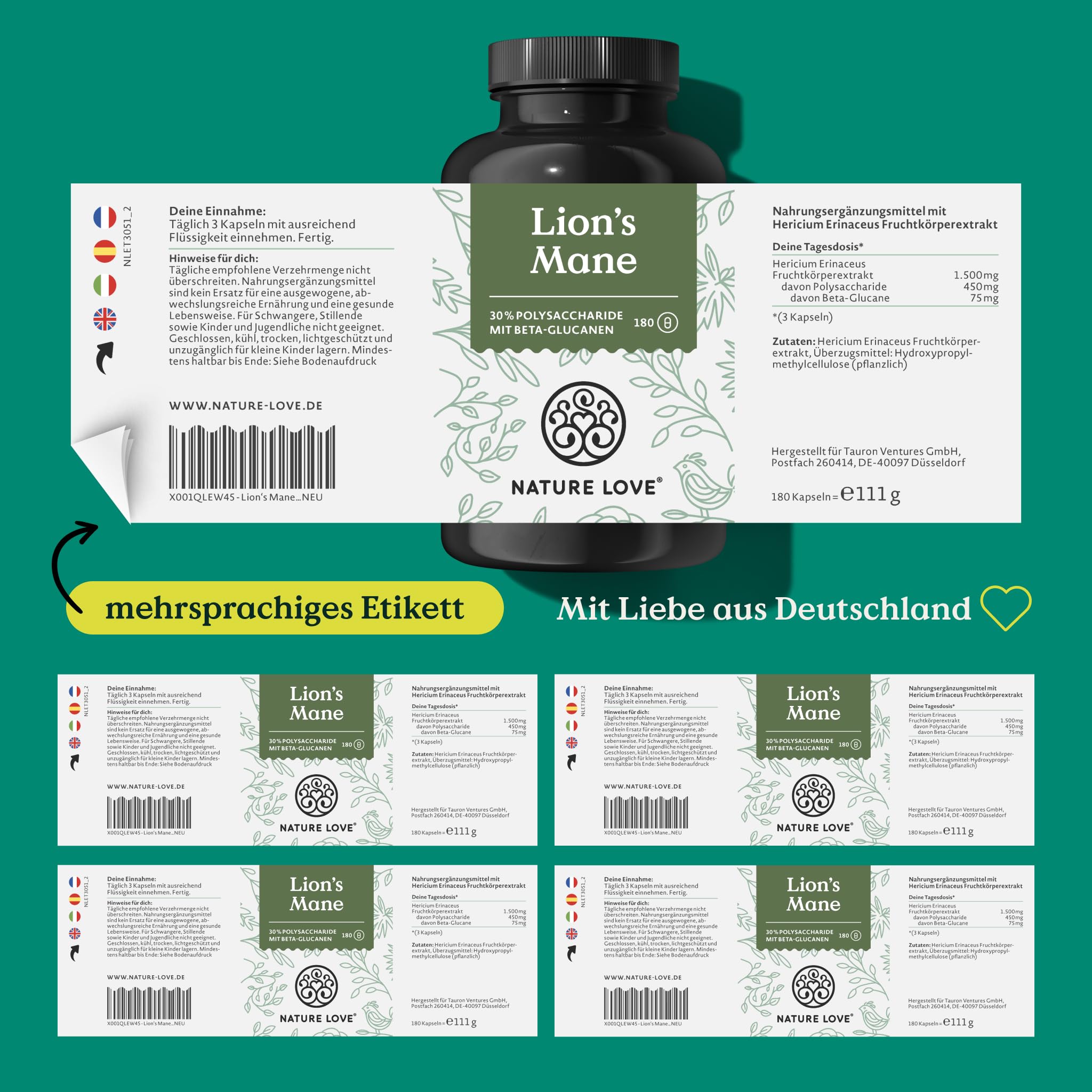 NATURE LOVE® Lions Mane - 180 Kapseln - hochdosiert mit 1500mg 30:1 Extrakt je Tagesdosis - 30% Polysaccharide und 5% Beta-Glucane - Hericium Erinaceus Mushroom - Vegan und laborgeprüft