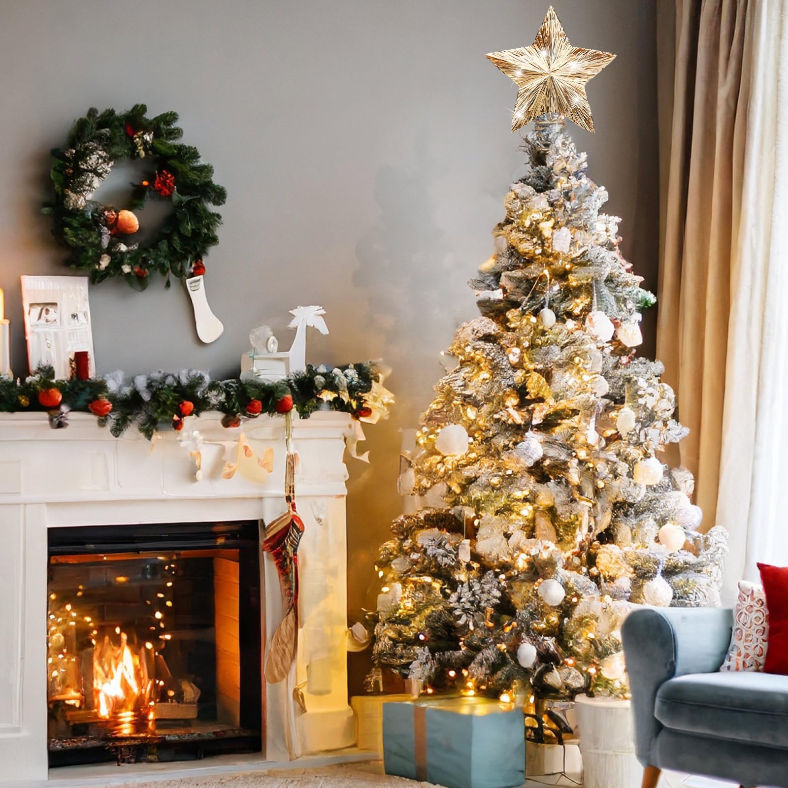 Gejoy Décoration de sapin de Noël dorée - 20,3 x 27,9 x 5,1 cm - Étoile pailletée - Cadeau de Noël pour sapin de Noël