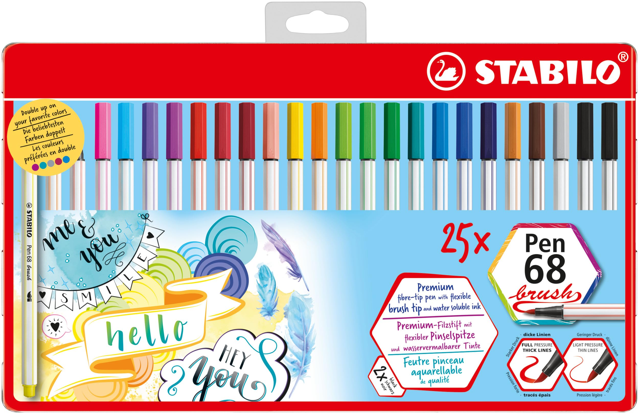 STABILO Premium Fibre-Tip Pen Pen 68 brush - Tin of 25-19 assorted colours - Hanging version