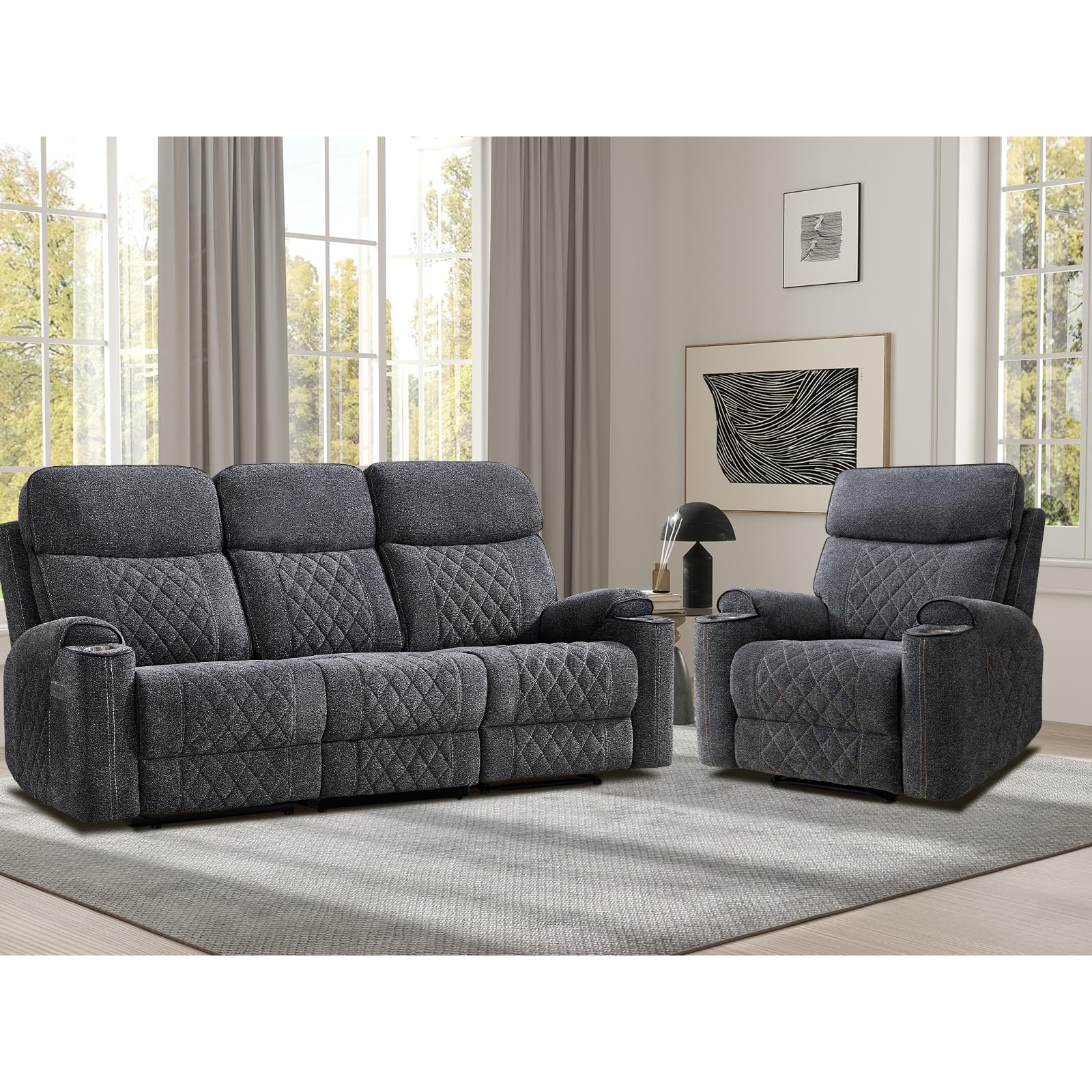 EBELLO Power Reclining Sofa Set, Fabric Electric Recliner Chair and 3 Seater Sofa Couch with Cup Holders, USB and Type-C Charging Ports and Storage