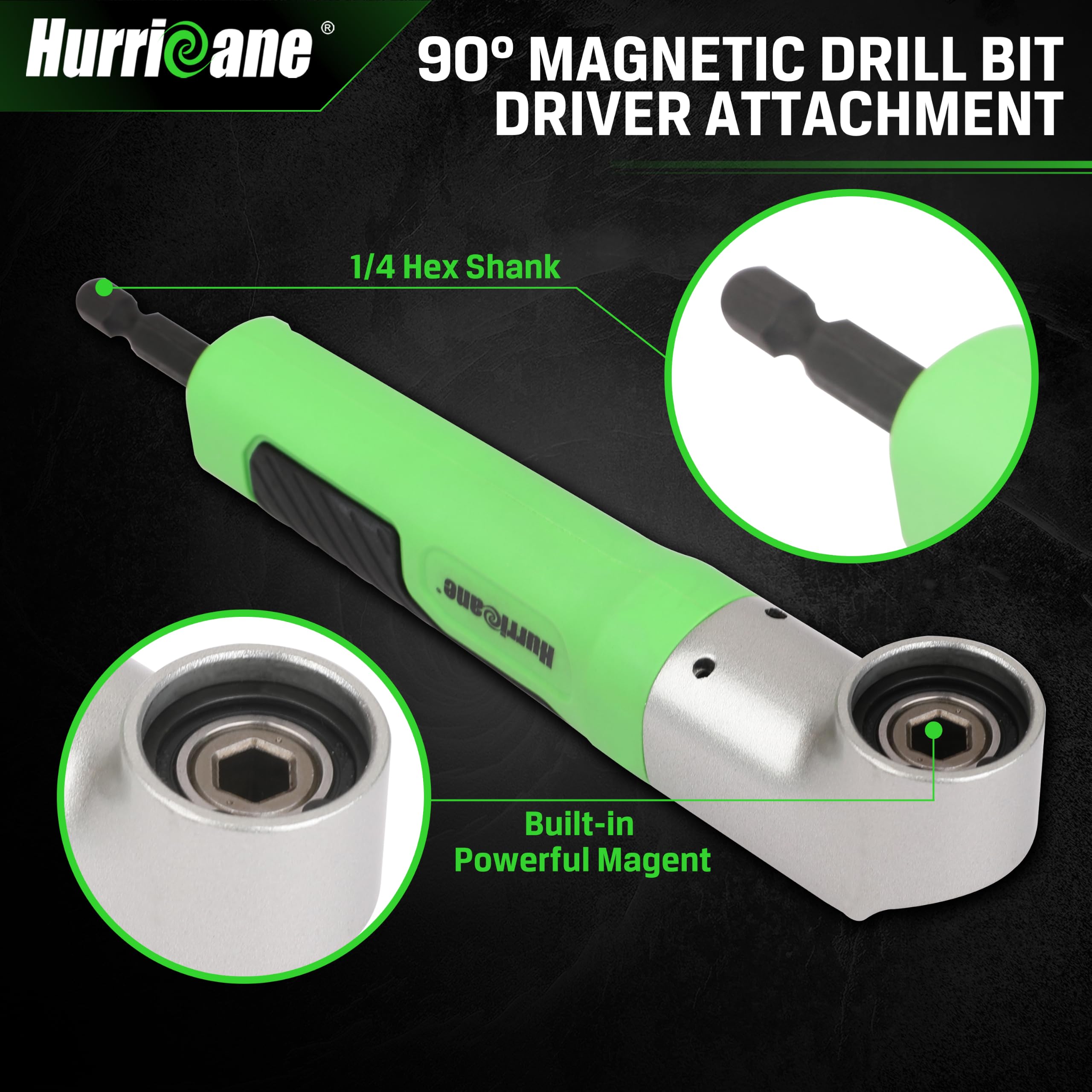 HURRICANE Right Angle Drill Attachment, 90 Degree Drill Adapter with Powder Metallurgy Gears, Impact Shell, 1/4" Hex Shank Magnetic Corner Tool for Tight Spaces — Amazon image 3