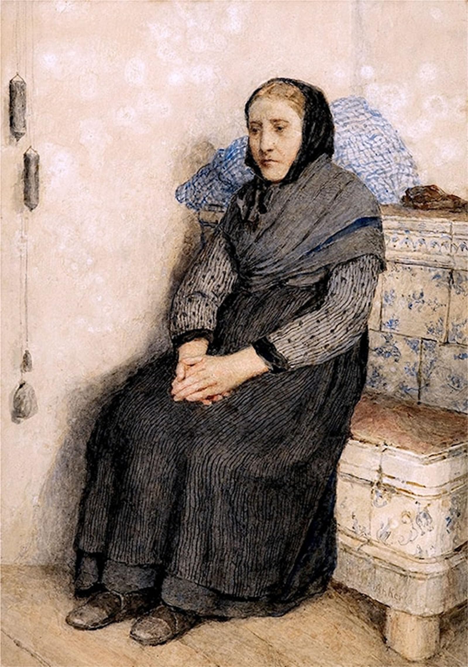 ARTXLXXBN Famous Prints Artwork Pictures Poster Painting Art Farmer's Wife on the Stove Bench by Albert Anker Artwork Landscape Pictures for Home Decor 60x90cm