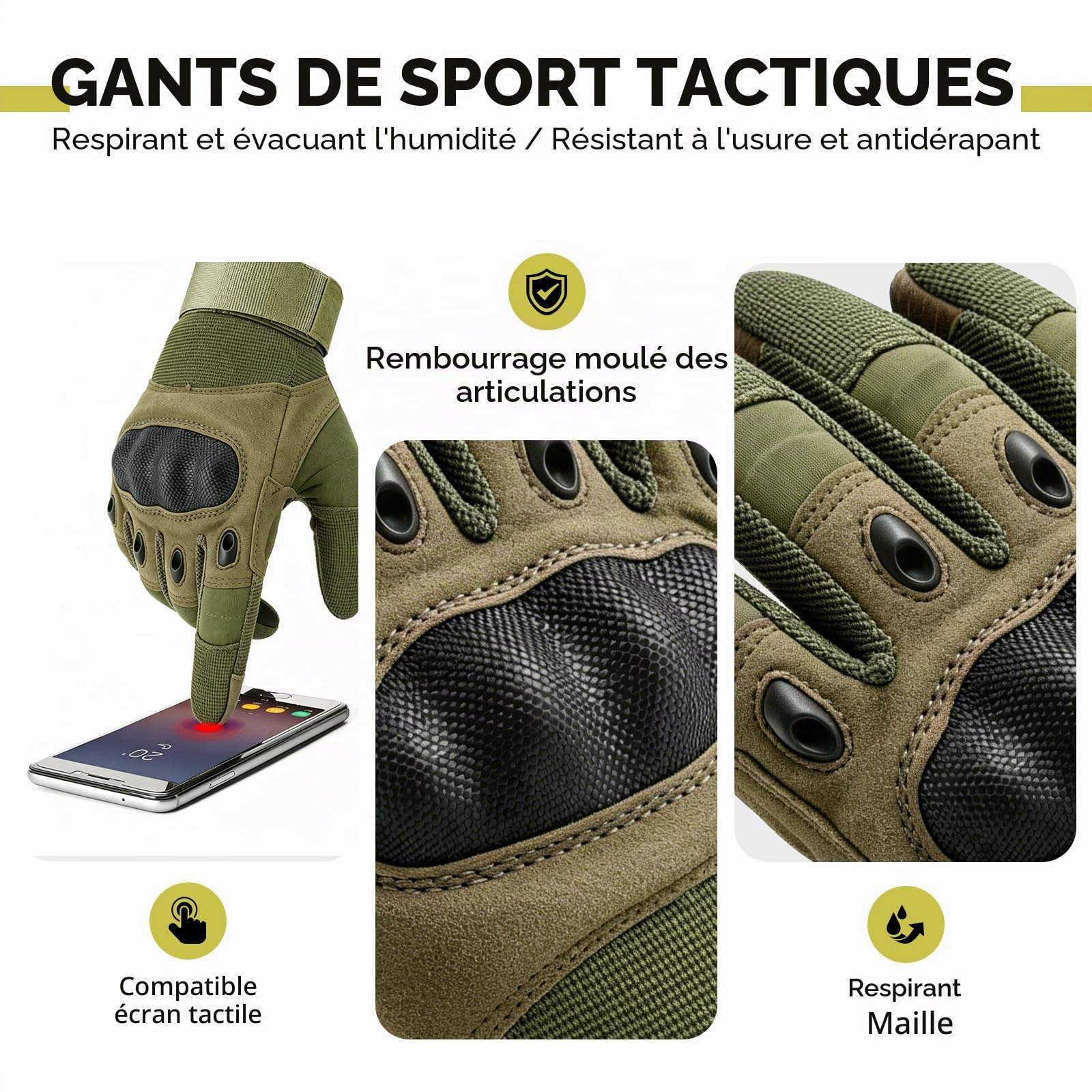 GES Gants de moto, gants de moto tactiles pour hommes avec doigts à écran tactile VTT conduisant des gants de motocross (Armée Verte, L)