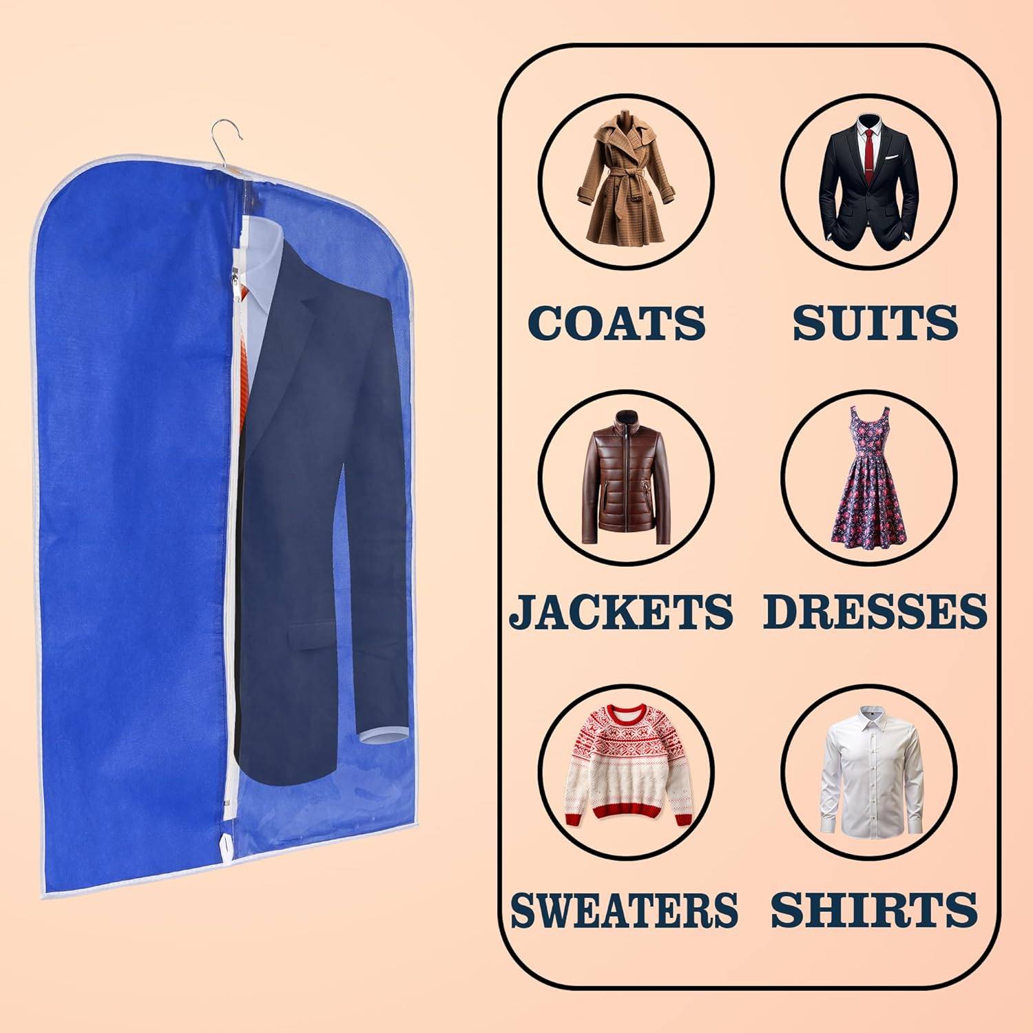 Pack of 4 Blazer Cover | Suit Covers with Zip for Women & Men | Dustproof Coat Bag for Clothes, Jacket | Half Transparent Coat Cover | Blue
