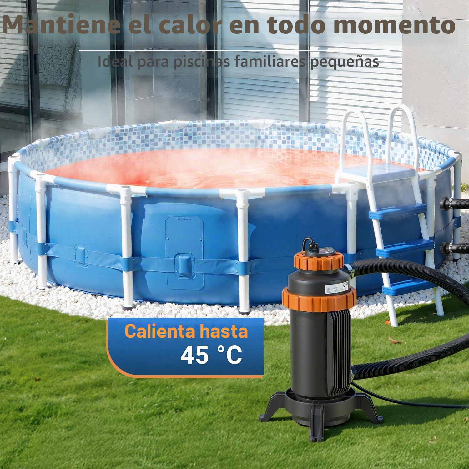 Calentador Eléctrico para Piscina 3KW, Pantalla Digital, 4 Protecciones de Seguridad, Conexión 32-38 mm, Calienta hasta 45 °C, Accesorios Incluidos para Piscinas Elevadas