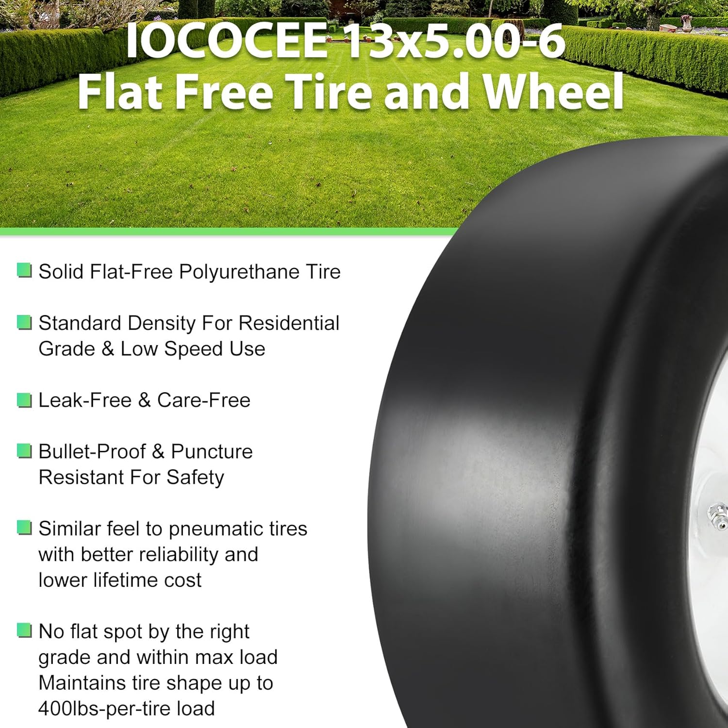 2 Pcs 13x500-6 Color White Upgrade 13x5.00-6 Flat Free Lawn Mower Tire and Wheel with 3/4 Chrome Steel Bearings, Zero Turn Mower Front Solid Tire Assembly for Commercial Grade Lawn, Garden Turf, 4.2-5.2 Centered Hub