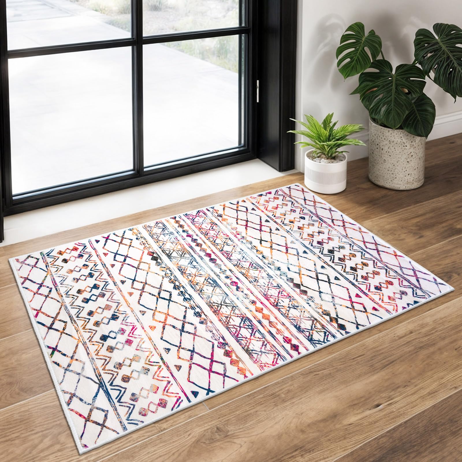 KUTA Moroccan Rugs for Entryway, 2x3 Multi-Color Area Rug Non-Slip Washable Small Indoor Door Mat, Ultra Soft Vintage Geometric Low-Pile Floor Carpet