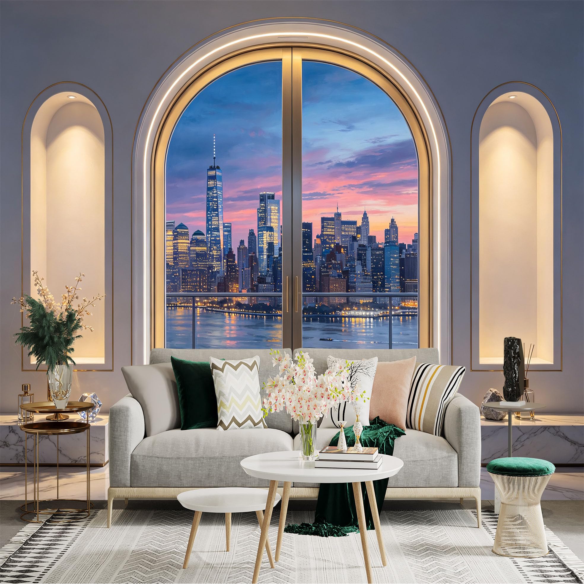 Custom Size Wall Sticker Mural， Modern City Skyline Sunset View Through Arch Window， for wall Decoration， peelandstick wall Decals.