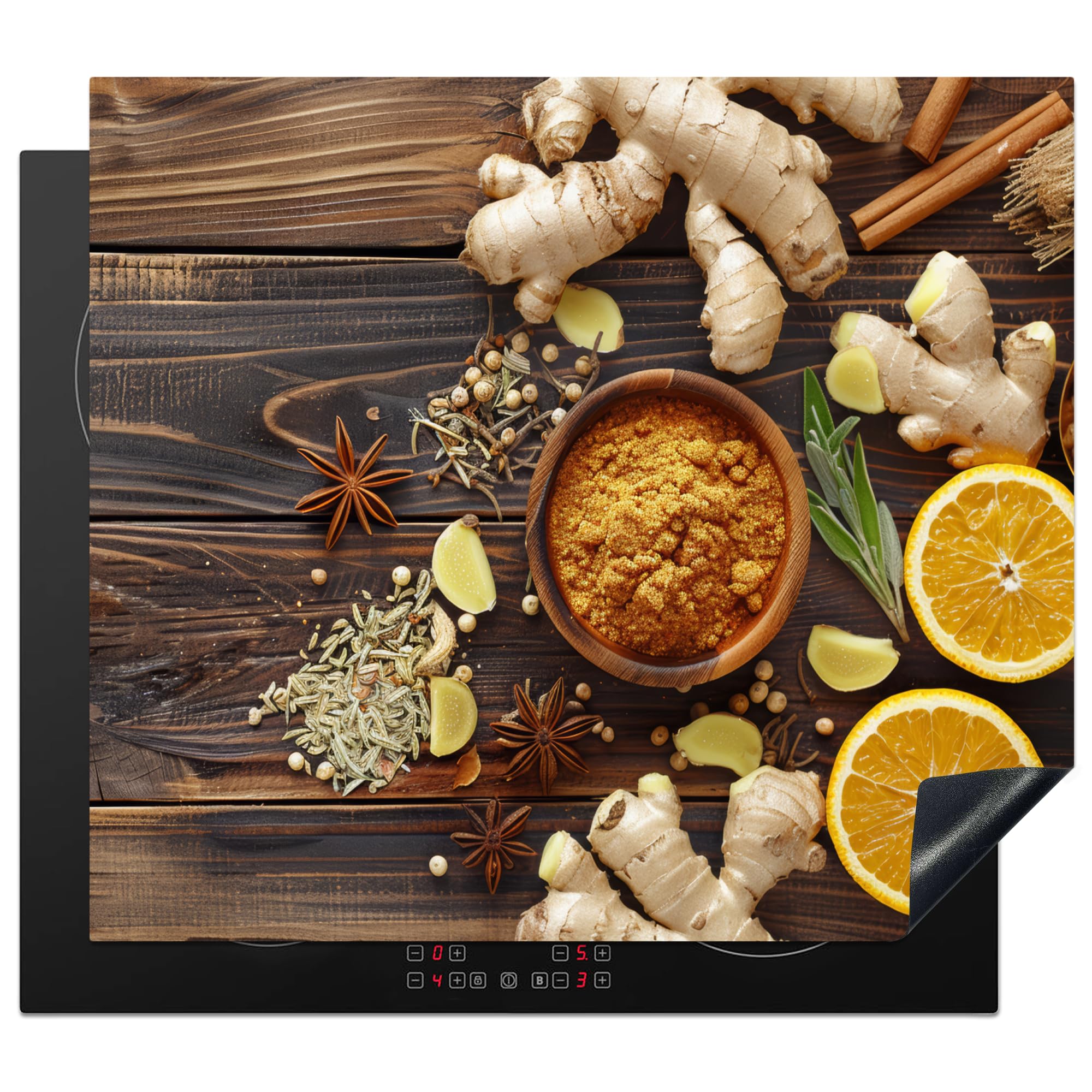 KitchenYeah© Induction Hob Protector Mat 20.5"x23.6" / 60x52 cm Cooker Top Protectors Cover Ceramic Covers Electric Hobs Vinyl Spices - Ginger - Lemon - Spices - Still Life - Wood Print
