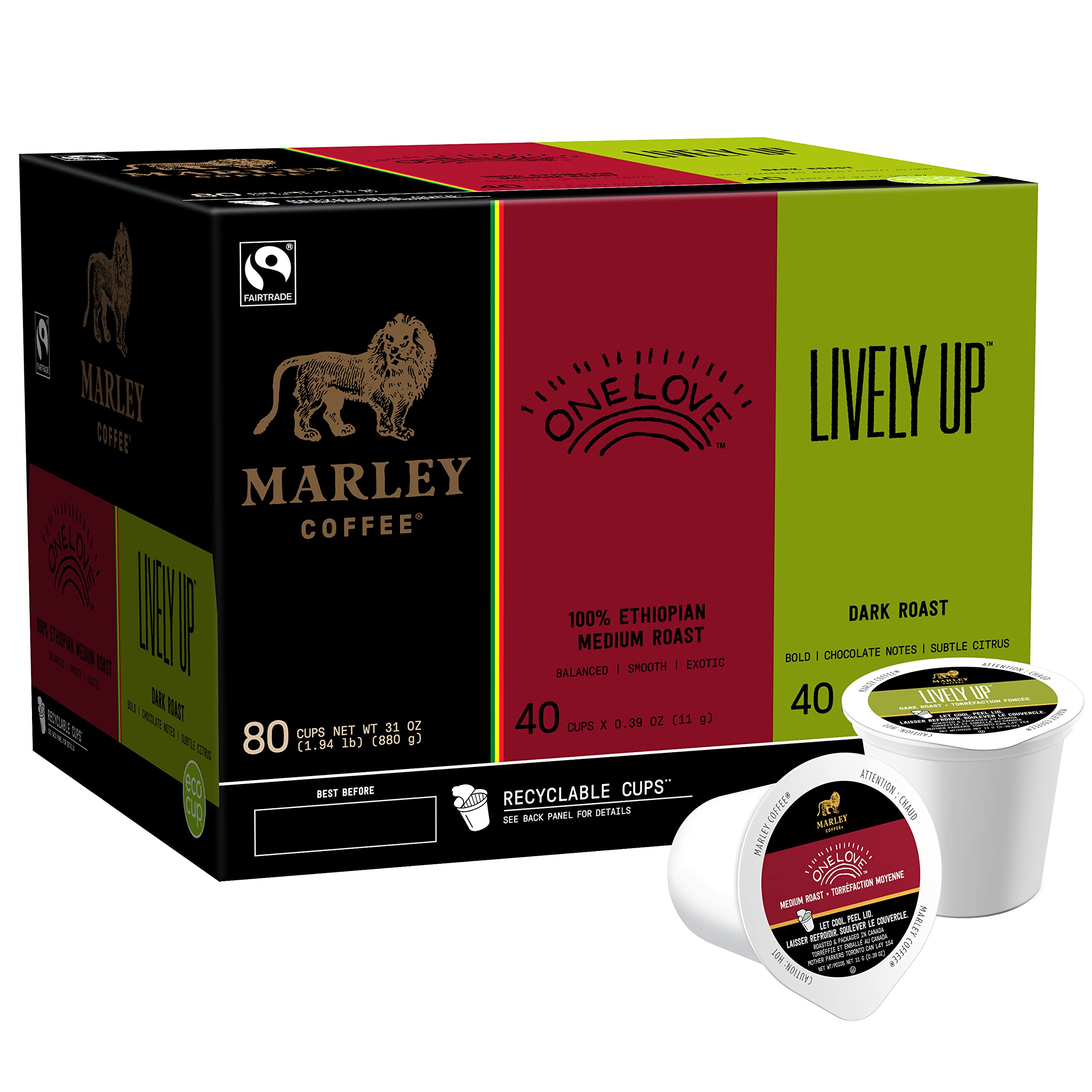 Marley CoffeeOne Love & Lively Up Variety Pack, Fairtrade Certified, Keurig K-Cup Brewer Compatible Pods, 80 Count