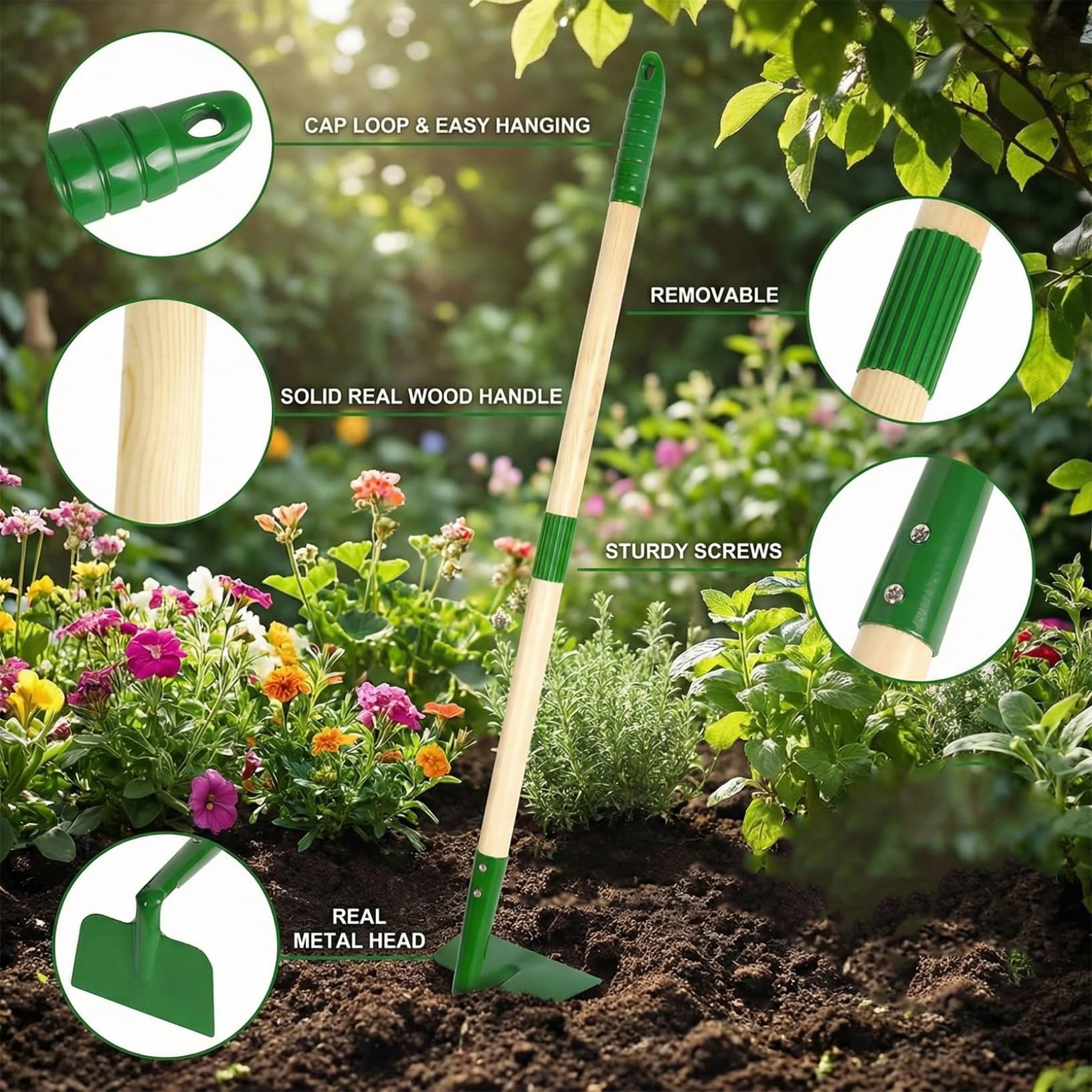 Attrezzi da Giardinaggio per Bambini 6 Pezzi con Pala e rastrello, Set di Giocattoli da Giardino per Esterni con Manico in Legno e Teste in Metallo per Bambini 3+