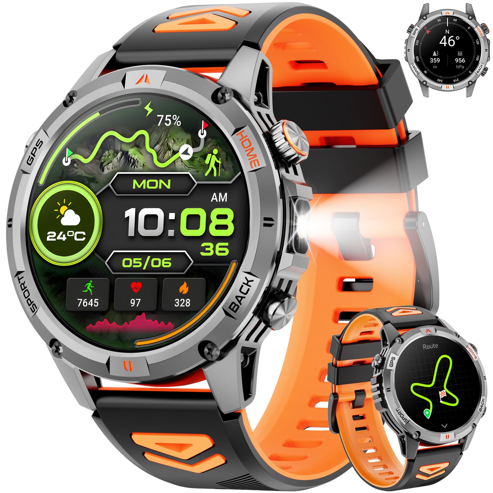 Joautrial Smartwatch Herren GPS, 1,46" HD Men's Militär Smart Watch, LED Taschenlampe, Kompass, 100+ Sportmodi Fitnessuhr, IP68 Wasserdicht Rund Sportuhr, Fitness Tracker Watch für iOS Android