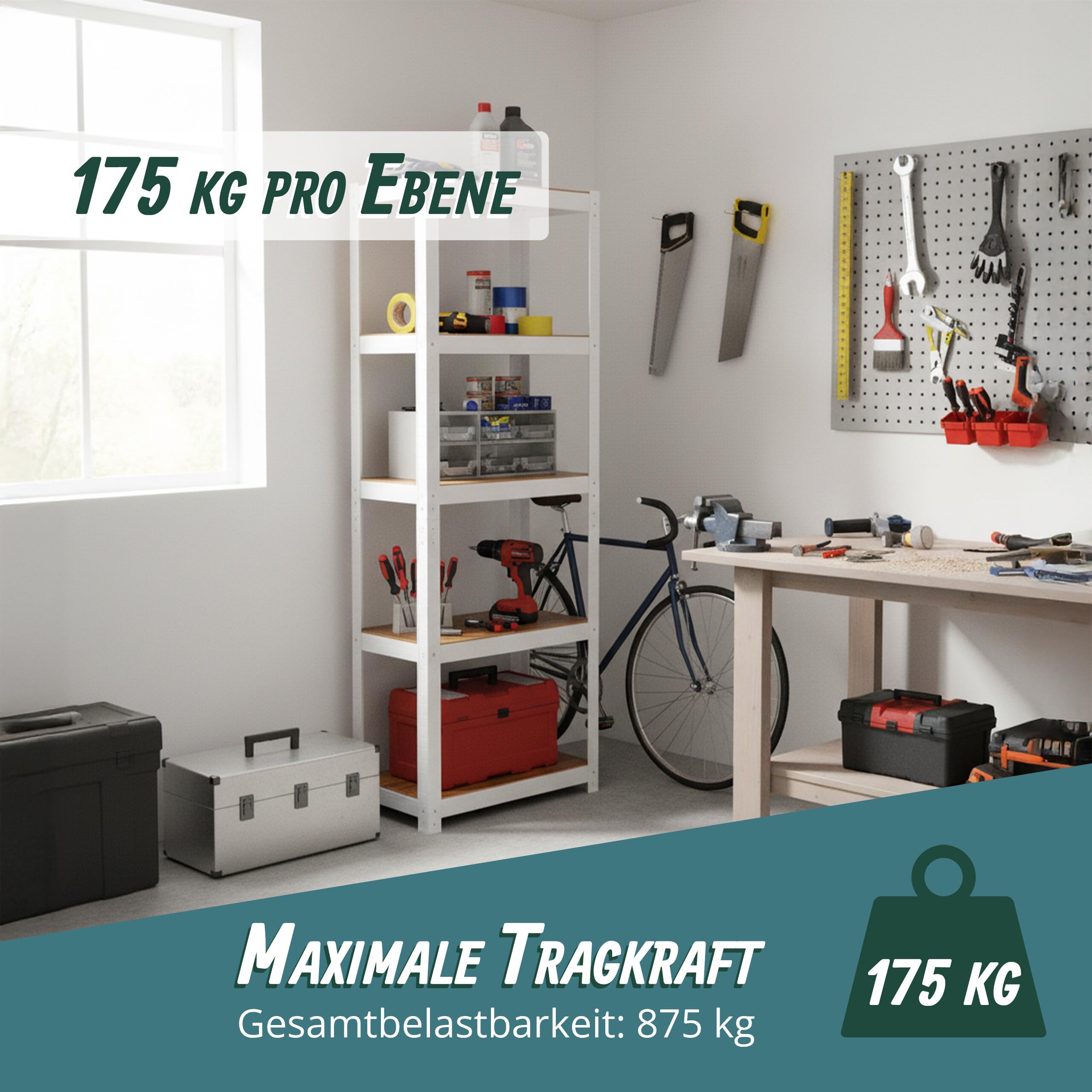 Relaxdays Schwerlastregal, HxBxT: 180x50x30 cm, 875 kg, 5 Ebenen, Lagerregal Keller & Garage, zum Stecken, weiß/braun