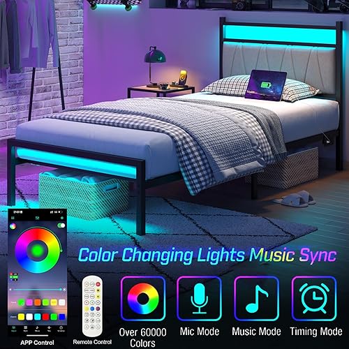 Miniatura 3 de Base de cama individual con luces LED y estación de carga, base de cama de plataforma metálica con cabecero tapizado, no necesita somier, sin ruido,