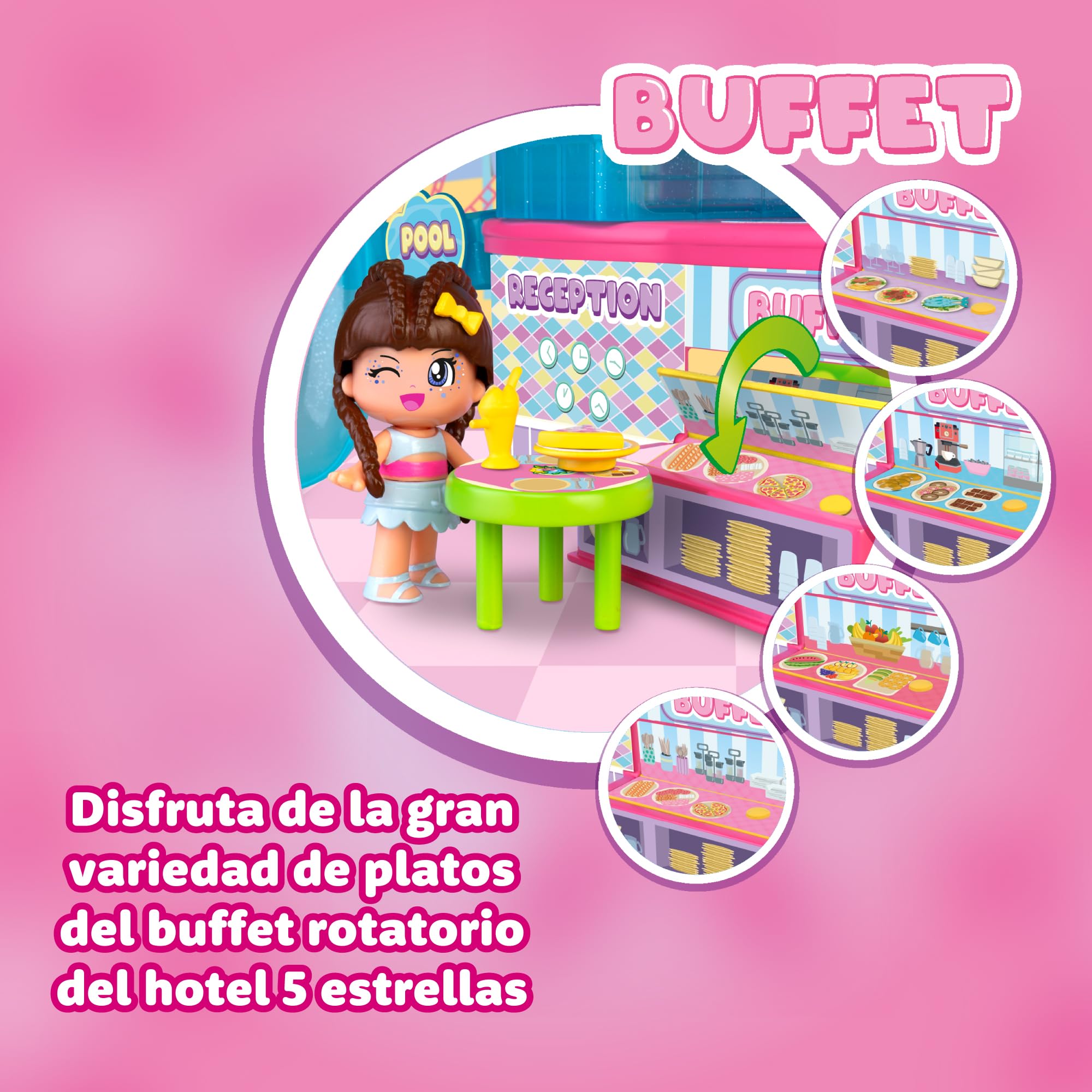 Pinypon - Hotel 5 Stelle, Playset Hotel con 2 Personaggi e accessori inclusi. Reception, Buffet, Family Room e Suite, per bambine/I da +4 anni, Famosa (PNY74000)
