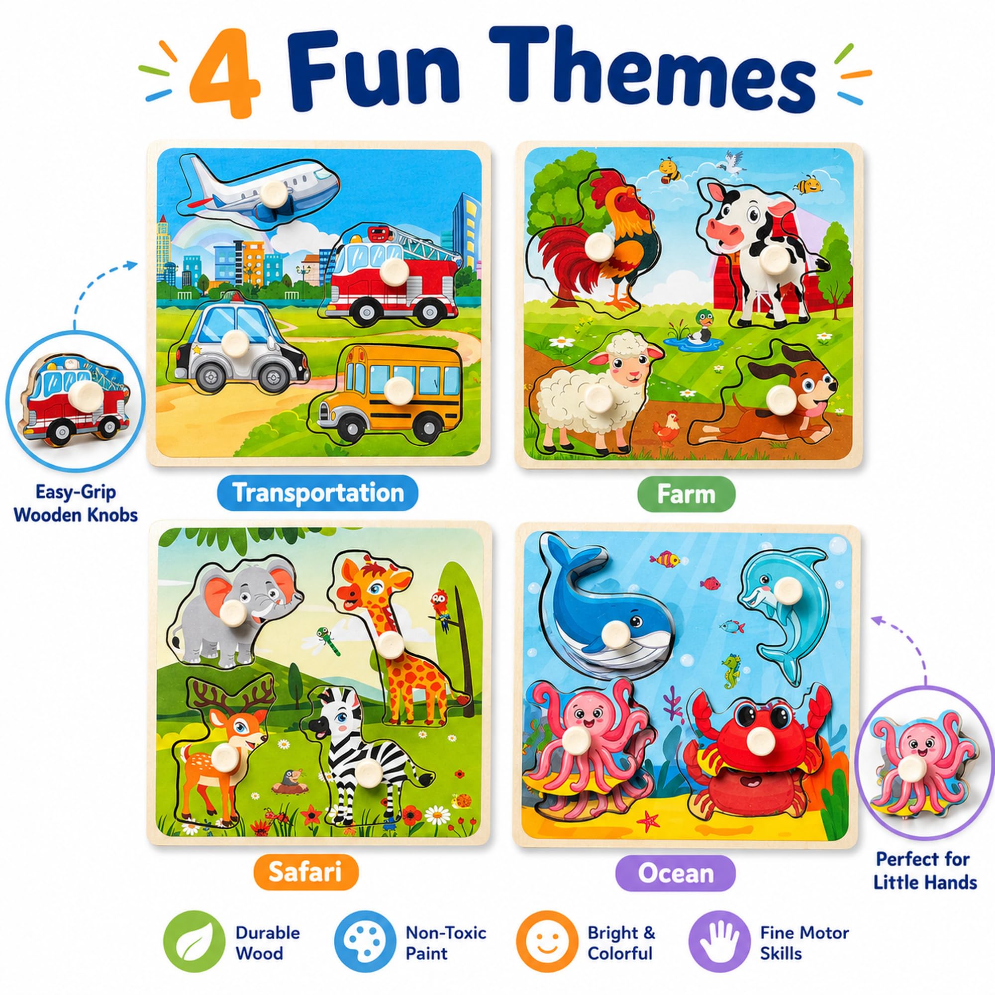 Wooden Peg Puzzle Set for Toddlers, 4 Pack Animal Vehicle Ocean Farm Puzzles, Montessori Wooden Puzzles for Ages 2-4, Preschool Learning Toys for Fine Motor Skills, Gifts for Boys Girls 1 2 3 4