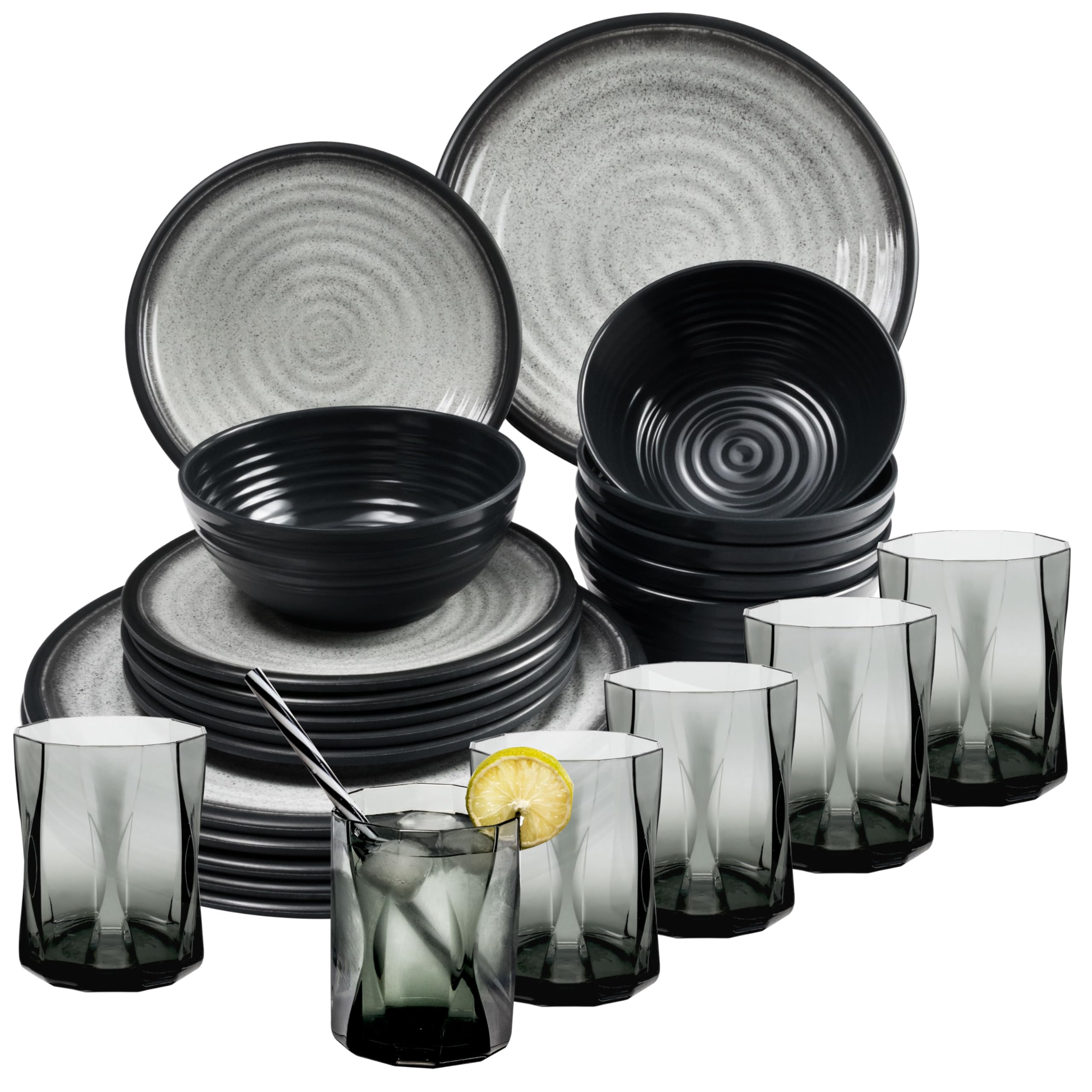 Vajilla melamina 6 personas aspecto granito 24 vasos grises 300ml camping