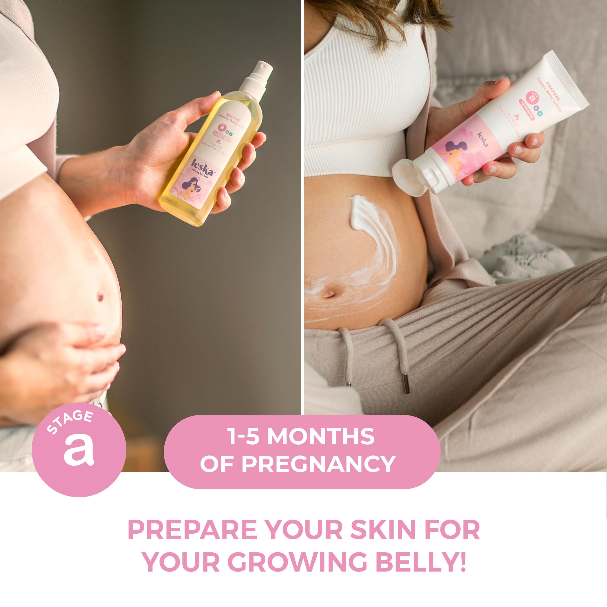 Leska Maternity Set | Belly Lotion, Belly Oil, Stretch Mark Defense Cream & Butter, Toning Gel | Maternity Stages Skincare for Pregnancy & Postpartum |New Mom Gifts (Set of 5, 4-4.93oz each)