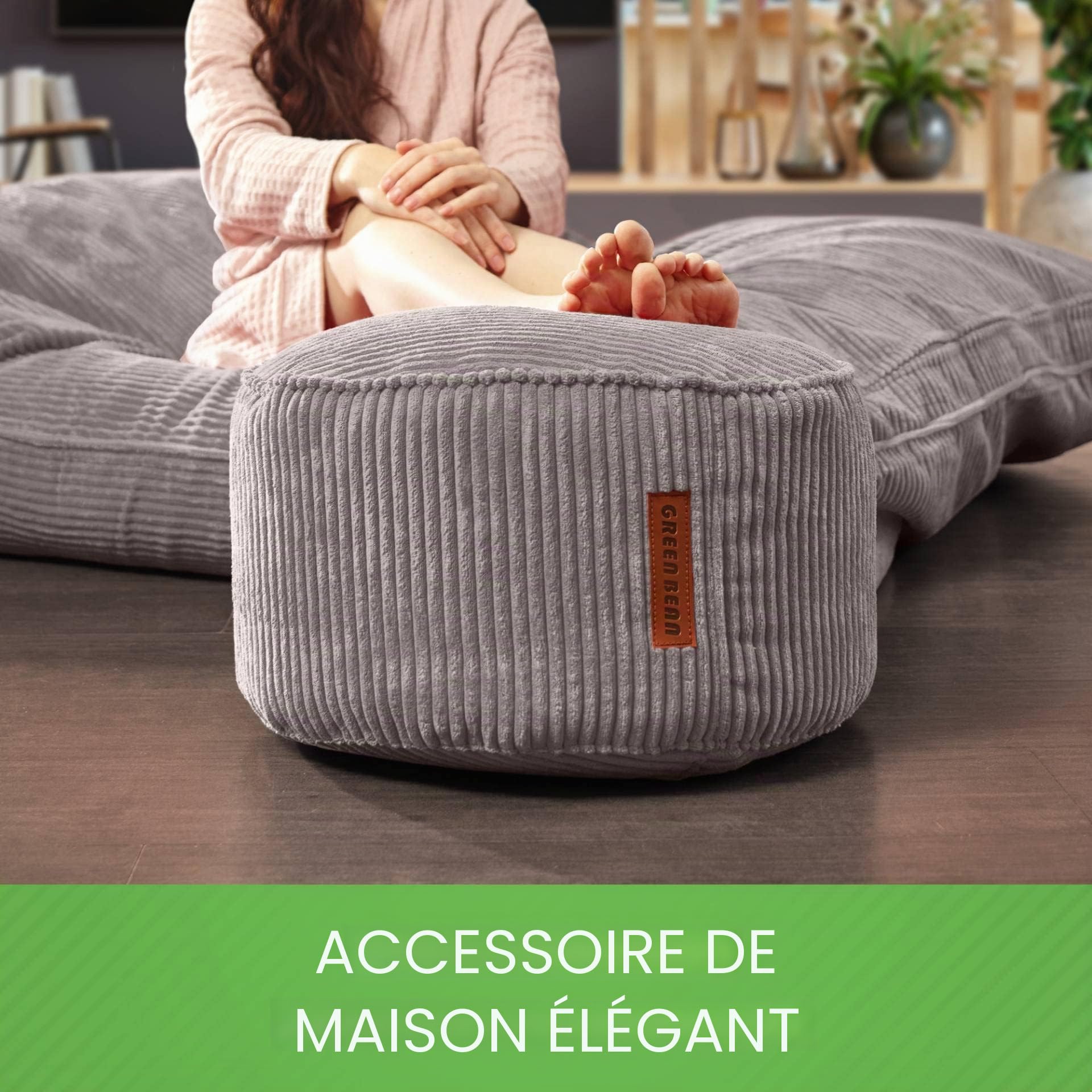 Green Bean© Indoor Pouf 45x25cm EPS-Perles de Remplissage & Tissu Velours côtelé Doux Lavable - Intérieur Coussin de Sol Coussin d'assise Pouf de détente Enfants Adultes Tissu Gris