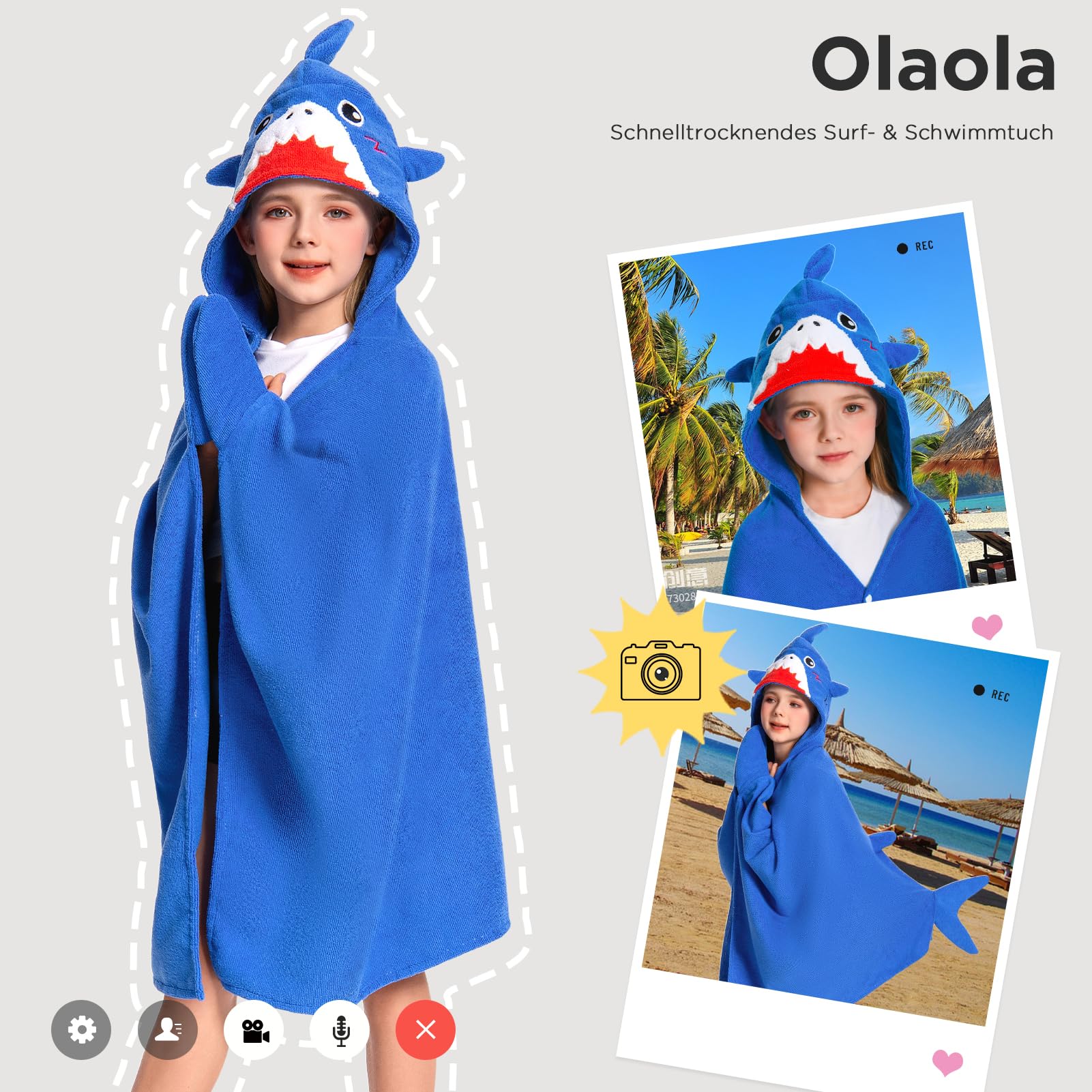 OLAOLA Badeponcho Kinder, Weich und Schnelltrocknendes Badetuch Poncho, Mikrofaser Handtuch mit Kapuze für Strand Schwimmen, Strandtuch für Mädchen Jungen 3-12 Jahre Alt (Hai)